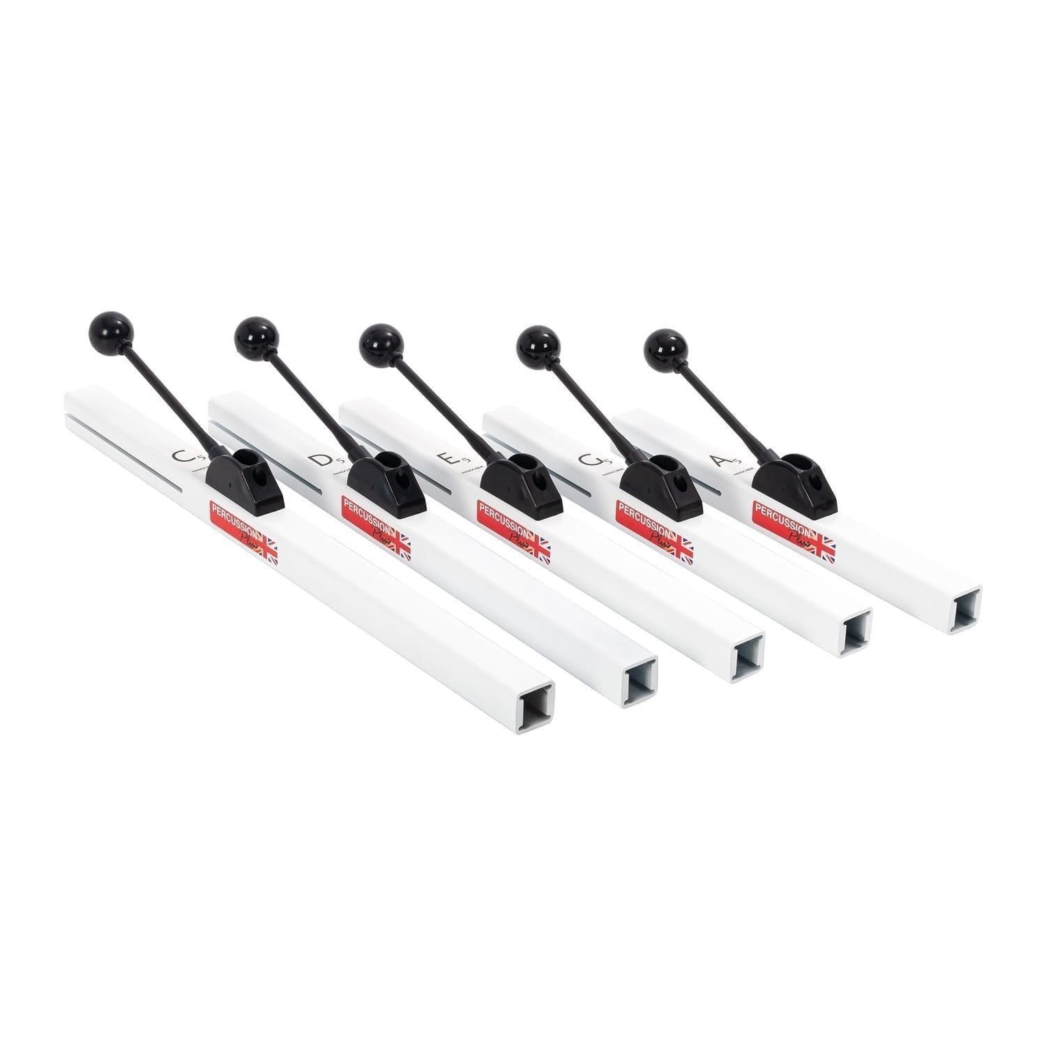 5 Hand Chimes Set, white Percussion Plus bars with attached black beaters, labelled C D E G A pentatonic