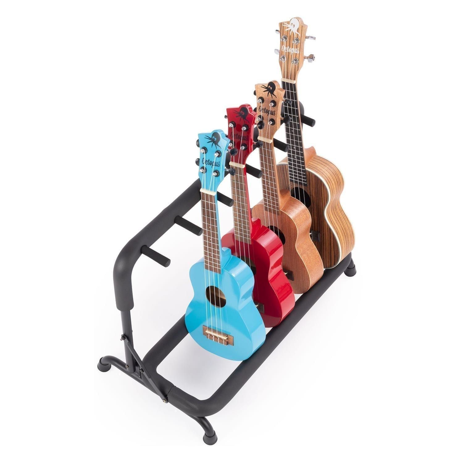 Octopus Universal Stand for 5 Ukuleles, Foam padding, folding steel design, and non-slip feet.