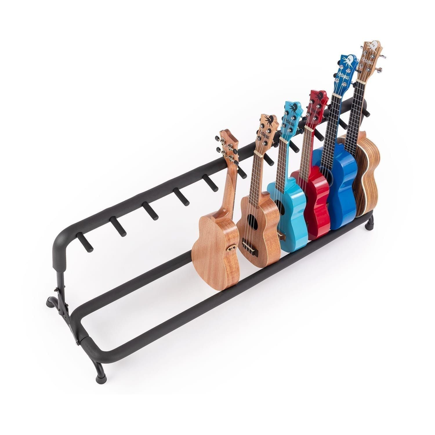 Octopus Universal Stand - 10 Ukuleles, padded black rack with rubber feet holding assorted ukuleles