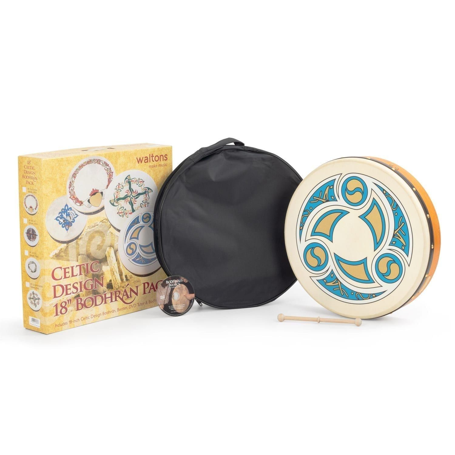 Percussion Plus bodhran 18 inch Trinity Celtic design – handcrafted Irish drum with tipper, case & DVD