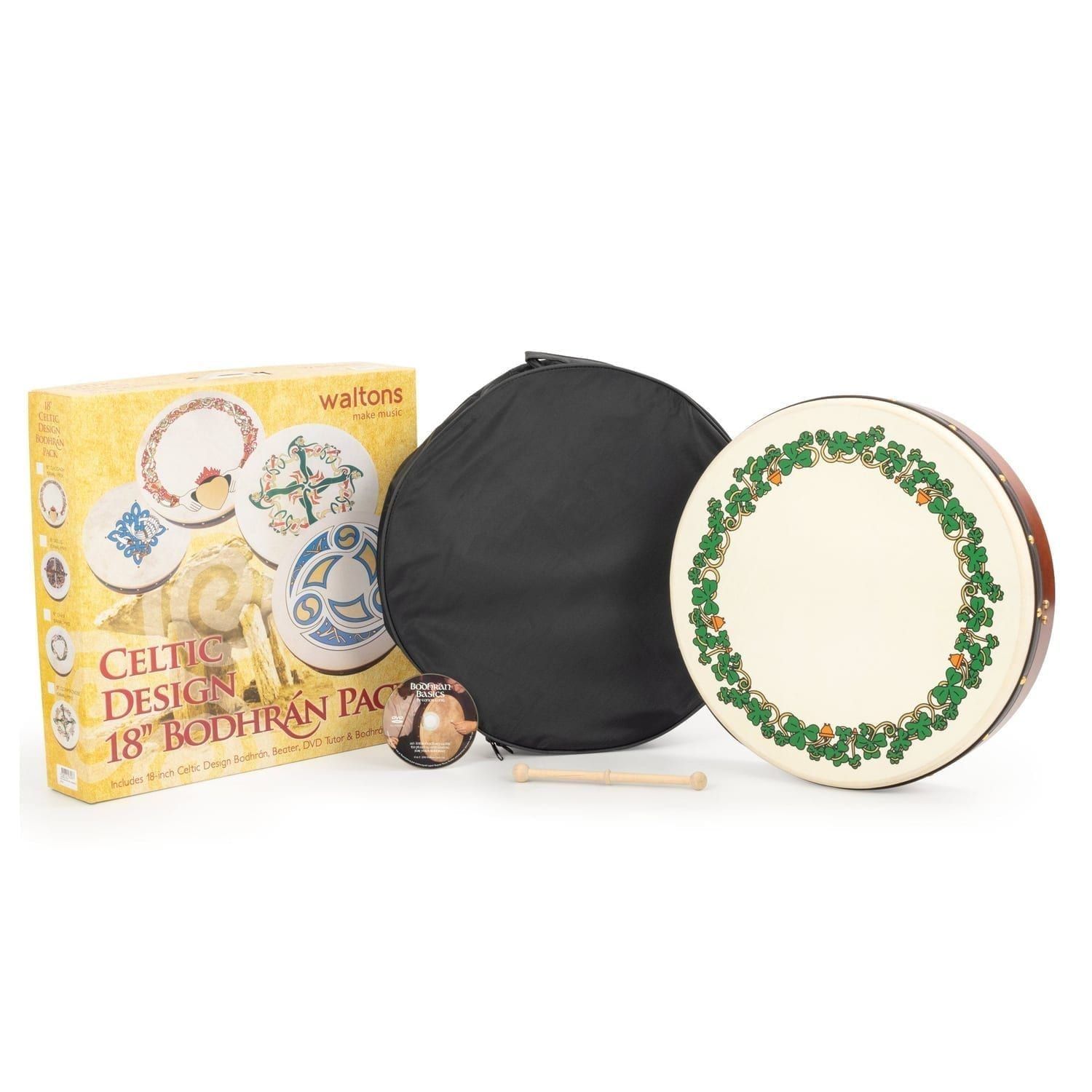 Percussion Plus bodhran 18 inch shamrock design - handcrafted Irish drum with tipper, carry case & DVD.