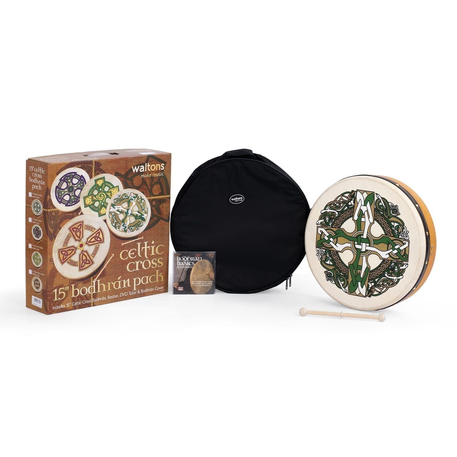 Percussion Plus Bodhran 15" Gaelic Cross with carry bag, wooden tipper and tutorial DVD, boxed set