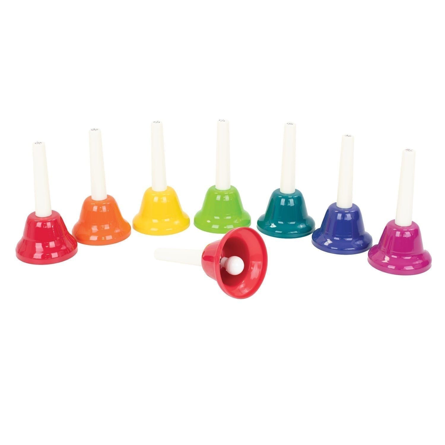 Percussion Plus Set of 8 Hand Bells in bright rainbow colours with white handles, tuned for classroom music and ensemble play