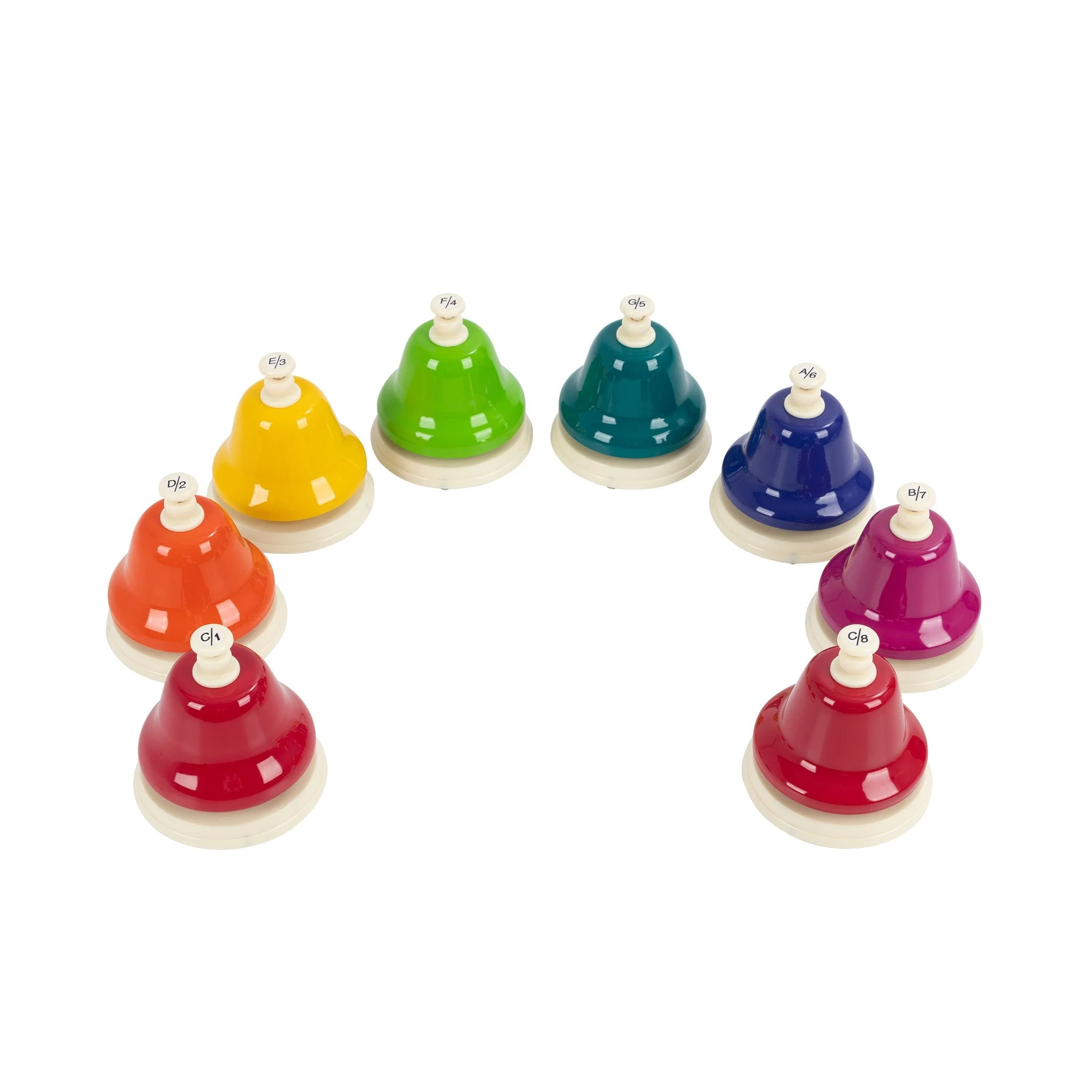 Percussion Plus Set of 8 Colour Desk Bells in a colour-coded diatonic hand bell set with note labels