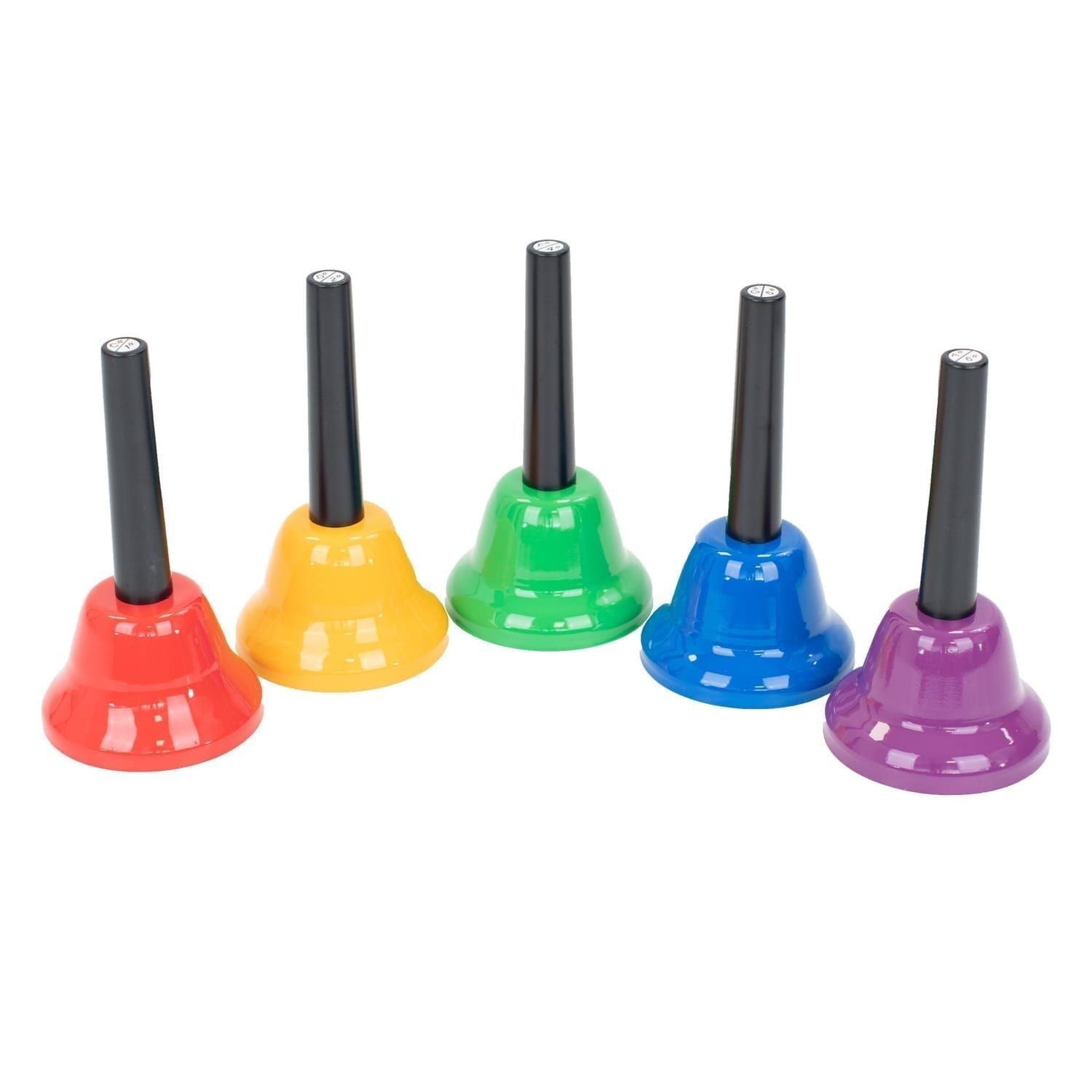 Percussion Plus Set of 5 Chromatic Hand Bells in bright colours with black handles, tuned to complete the diatonic set