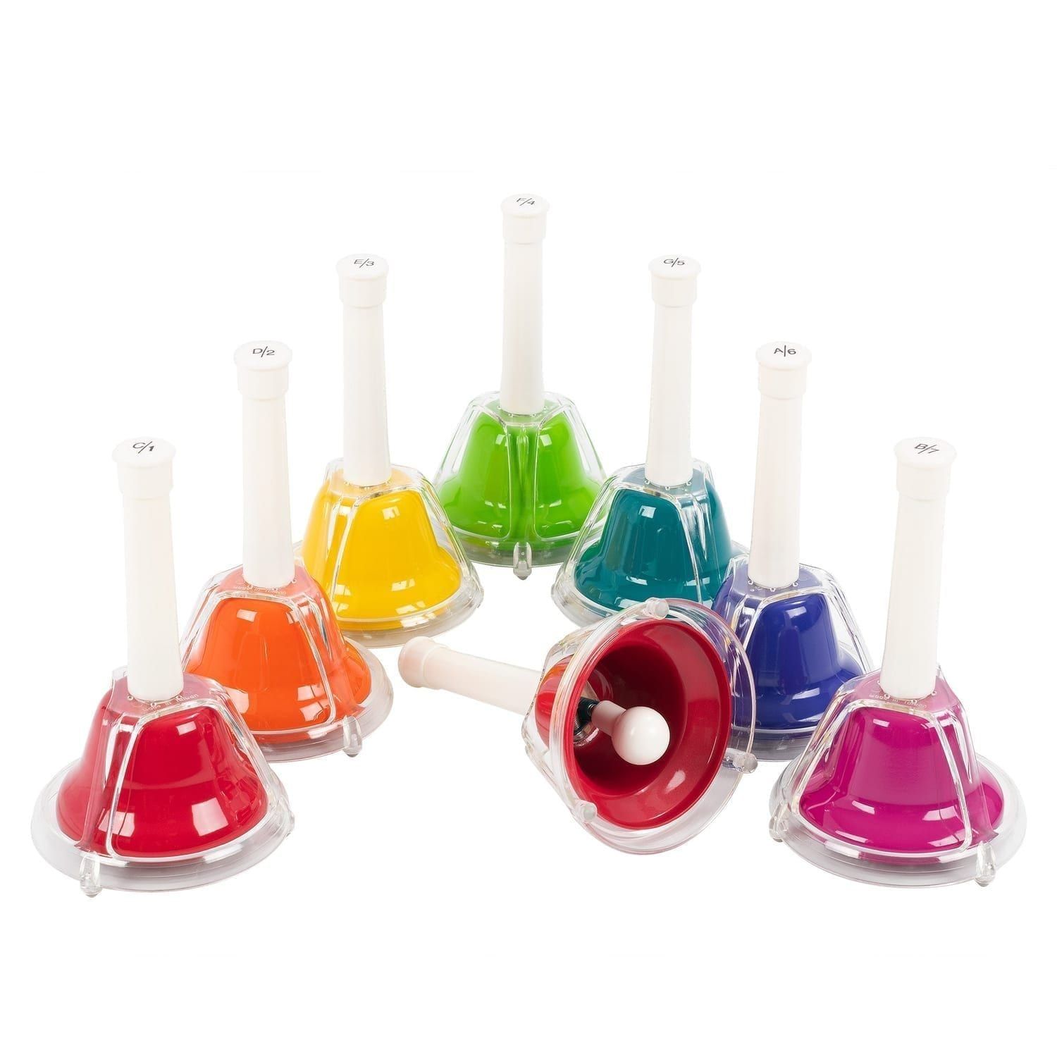 Percussion Plus Set of 8 Combi Hand Bells with clear casings and white handles, colour-coded for classroom music use