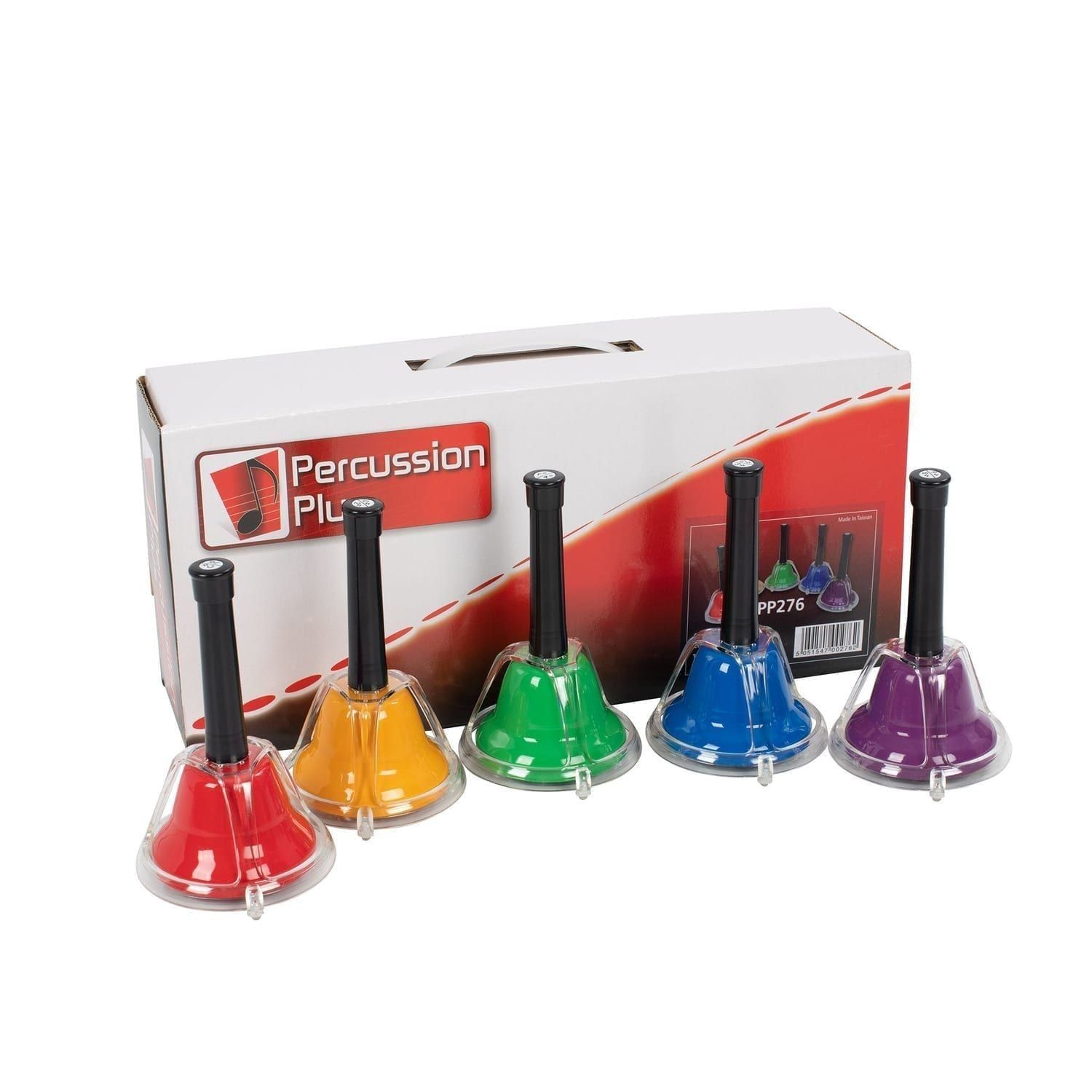 Percussion Plus Set of 5 Combi Hand Bells in red, yellow, green, blue, and purple with black handles and clear casings