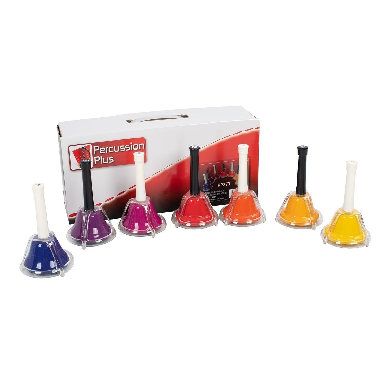 Percussion Plus Set of 7 Combi Hand Bells in bright colours with mixed white and black handles, clear casings and branded box