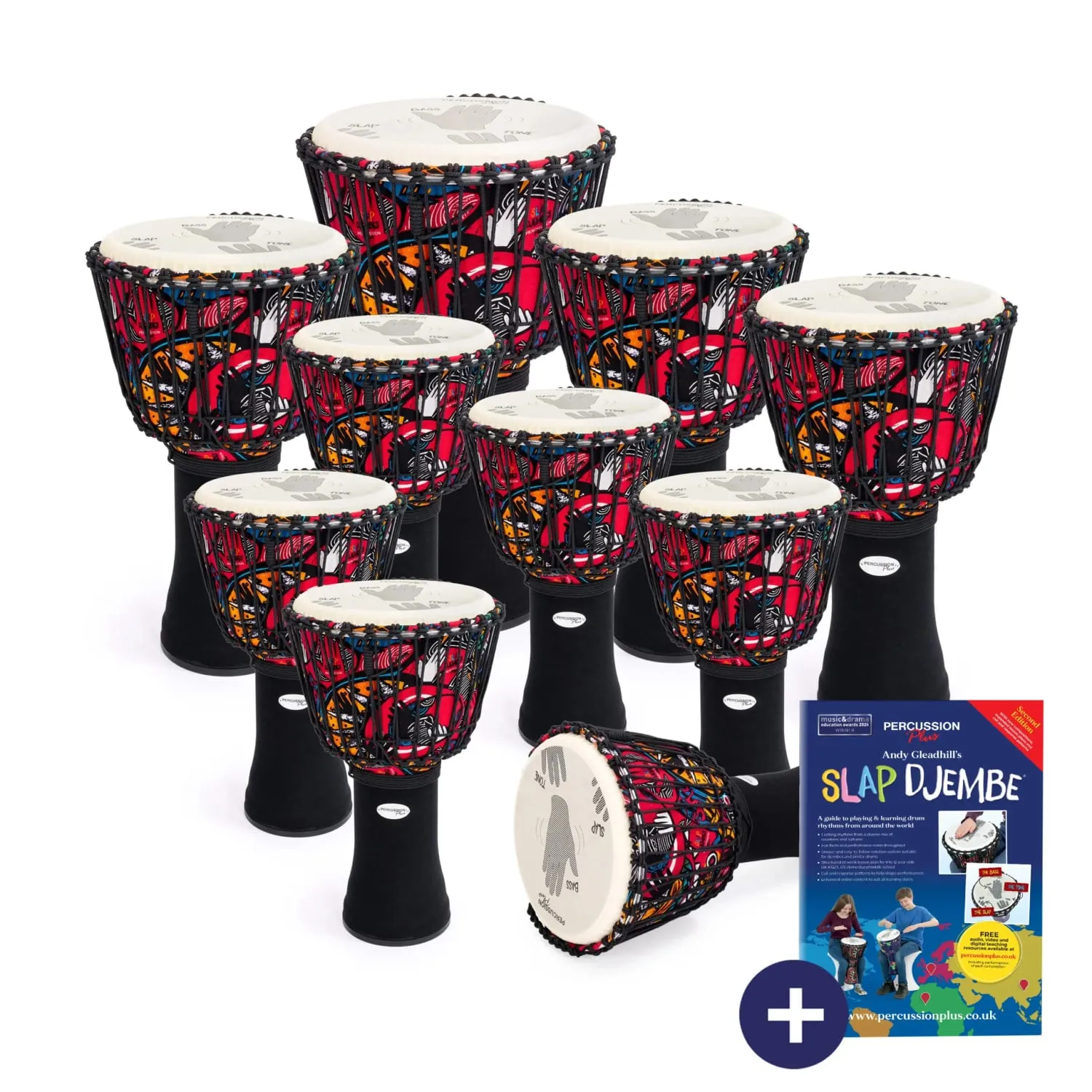10 Percussion Plus Slap Djembe Pack Rope tuned; mixed sizes, patterned shells, hand-position guides, plus Slap Djembe book