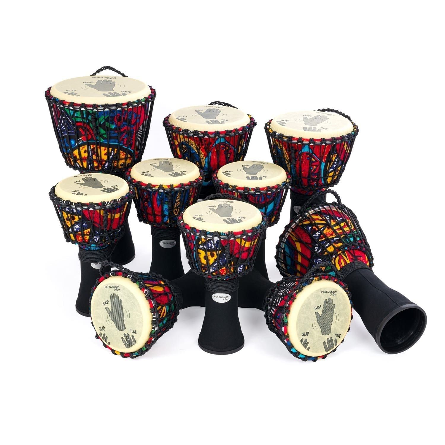 Set of 10 Percussion Plus Slap Djembes with Rope-Tuned Design, Perfect for West African Drumming and Group Performances