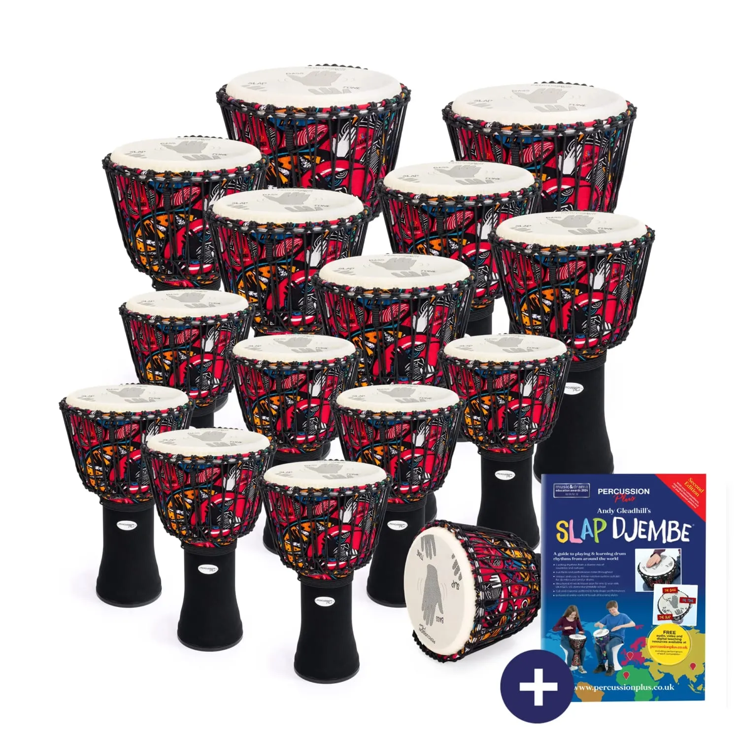 15 Player Rope tuned Percussion Plus Slap djembe pack with colourful drums and included Andy Gleadhill Slap Djembe book