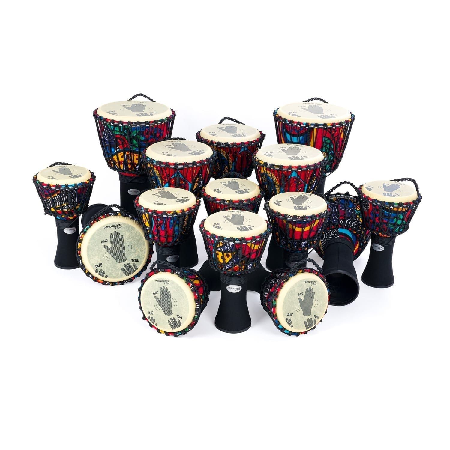 Collection of 15 Percussion Plus Slap Djembes with Rope-Tuned Drumheads, Featuring Vibrant Patterns for West African Drumming Ensembles