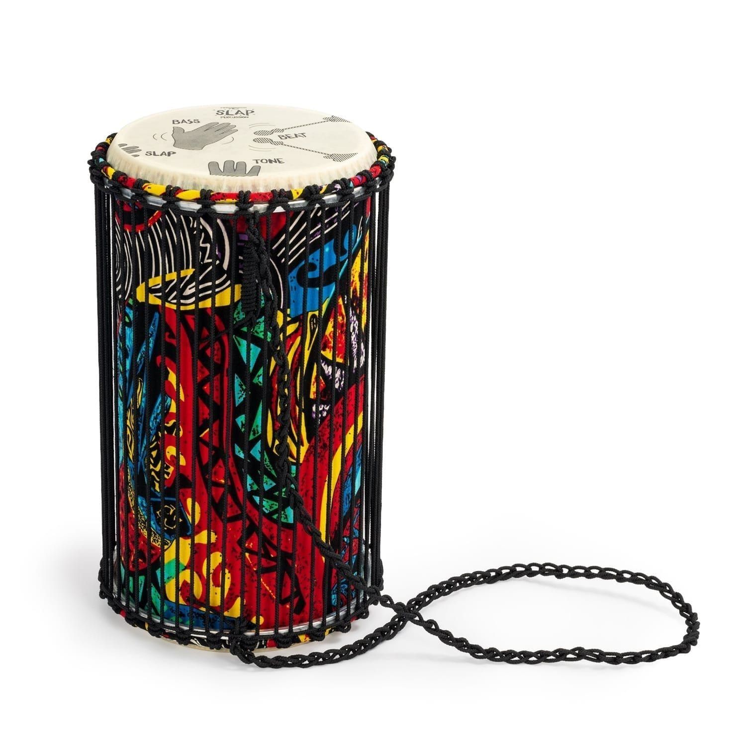 Percussion Plus Djembe - Djun Djun with traditional rope tuning and colorful abstract design.
