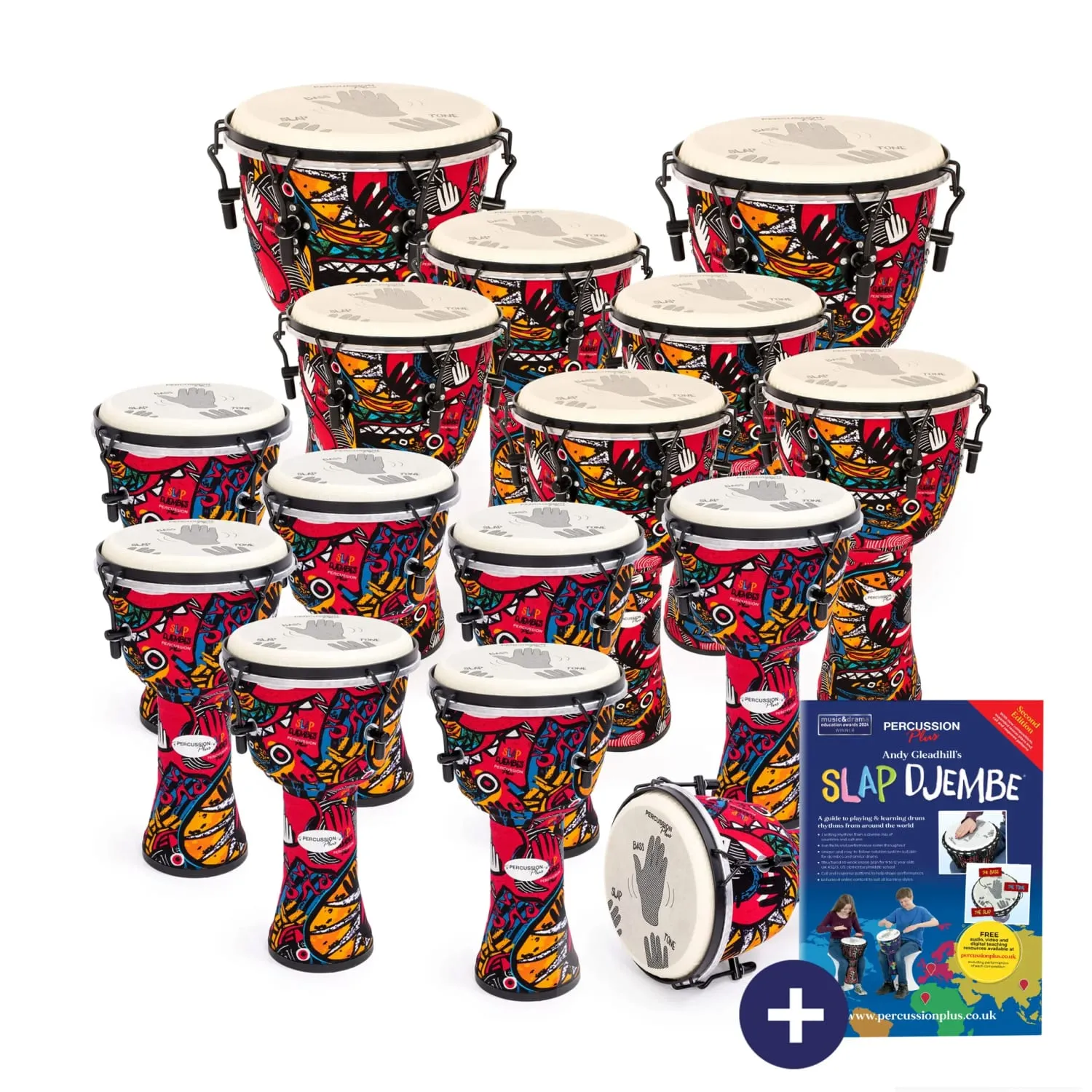West African drumming pack with Percussion Plus Slap Djembe - 15 mechanically tuned drums, ideal for group percussion, schools, and music workshops.
