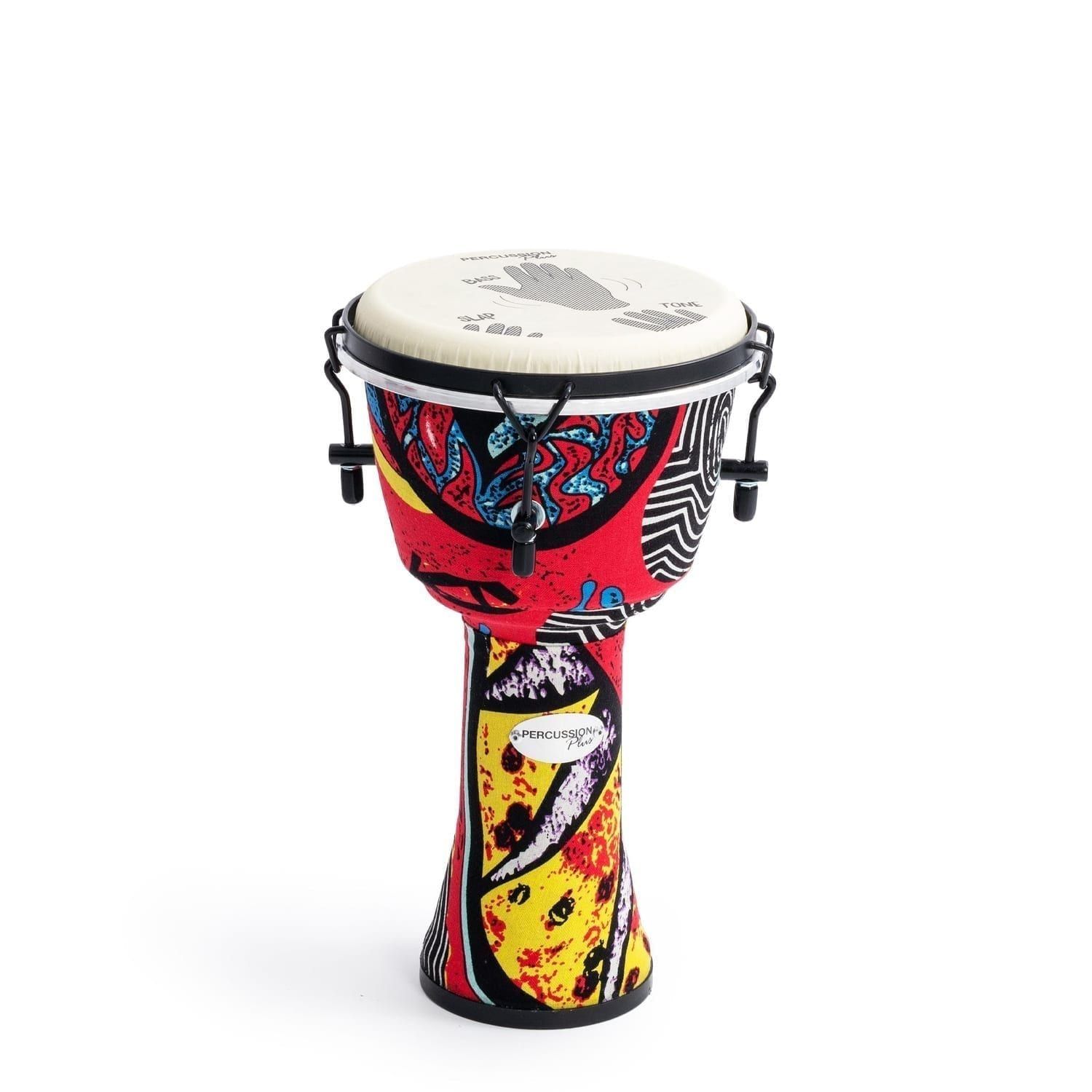 Percussion Plus slap djembe 8" mechanically tuned, 40cm high, mechanically tuned, featuring a vibrant red, yellow, and black abstract pattern.