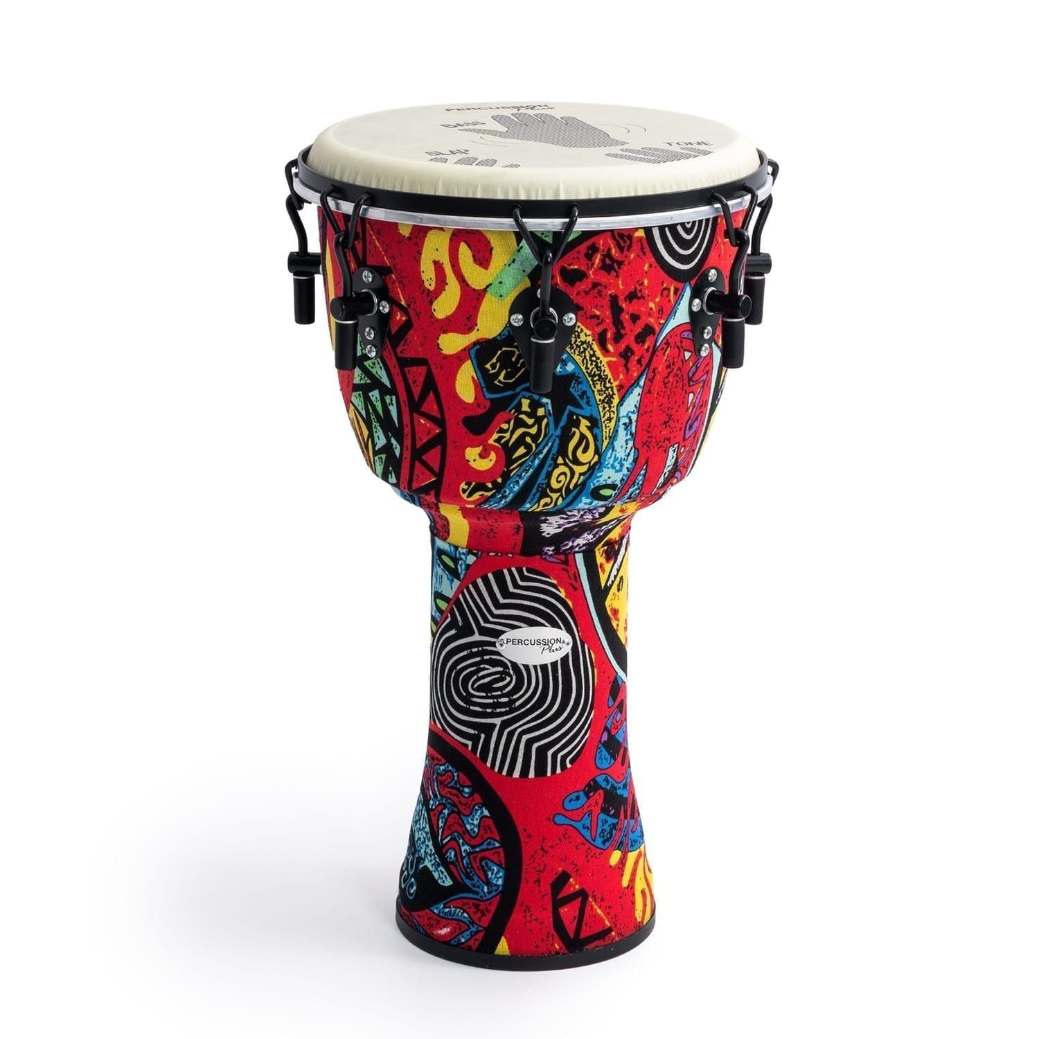 12 inch Mechanically Tuned Percussion Plus Slap djembe with colourful patterned shell and printed playing guide, 60 cm high