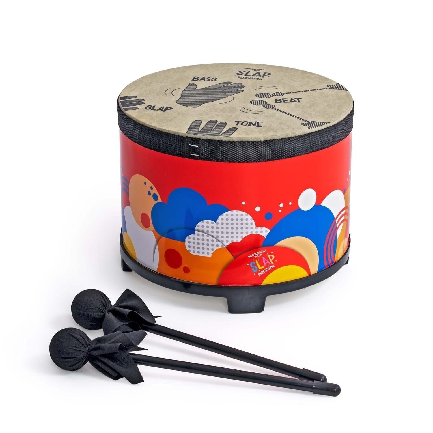 Slap Drumming Floor Tom with printed hand guides; red shell with colourful pattern and three soft beaters