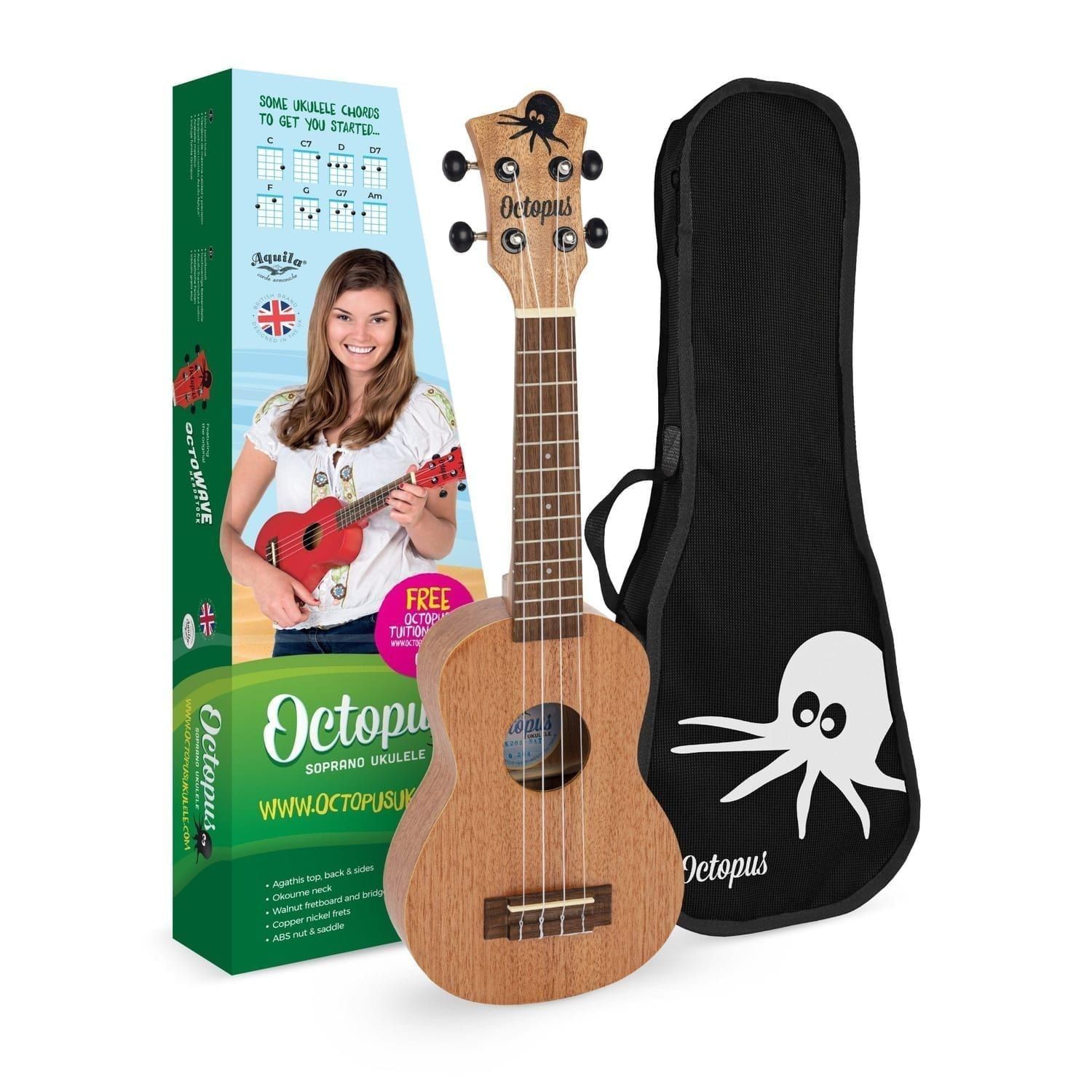 Octopus Academy soprano ukelele with gig bag and retail box showing printed chord chart
