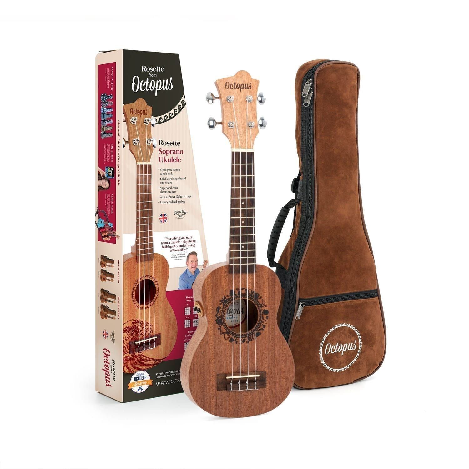 Octopus Rosette Electro-acoustic Soprano Ukulele, laser-etched rosette and side jack, with brown padded gig bag and retail box