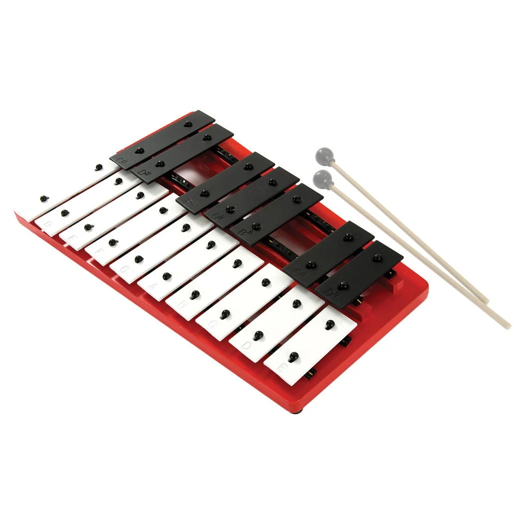 Percussion Plus PP930 Glockenspiel 17 note precision-tuned chromatic set with black and white metal note bars, C64–E80 range, red base, and beaters