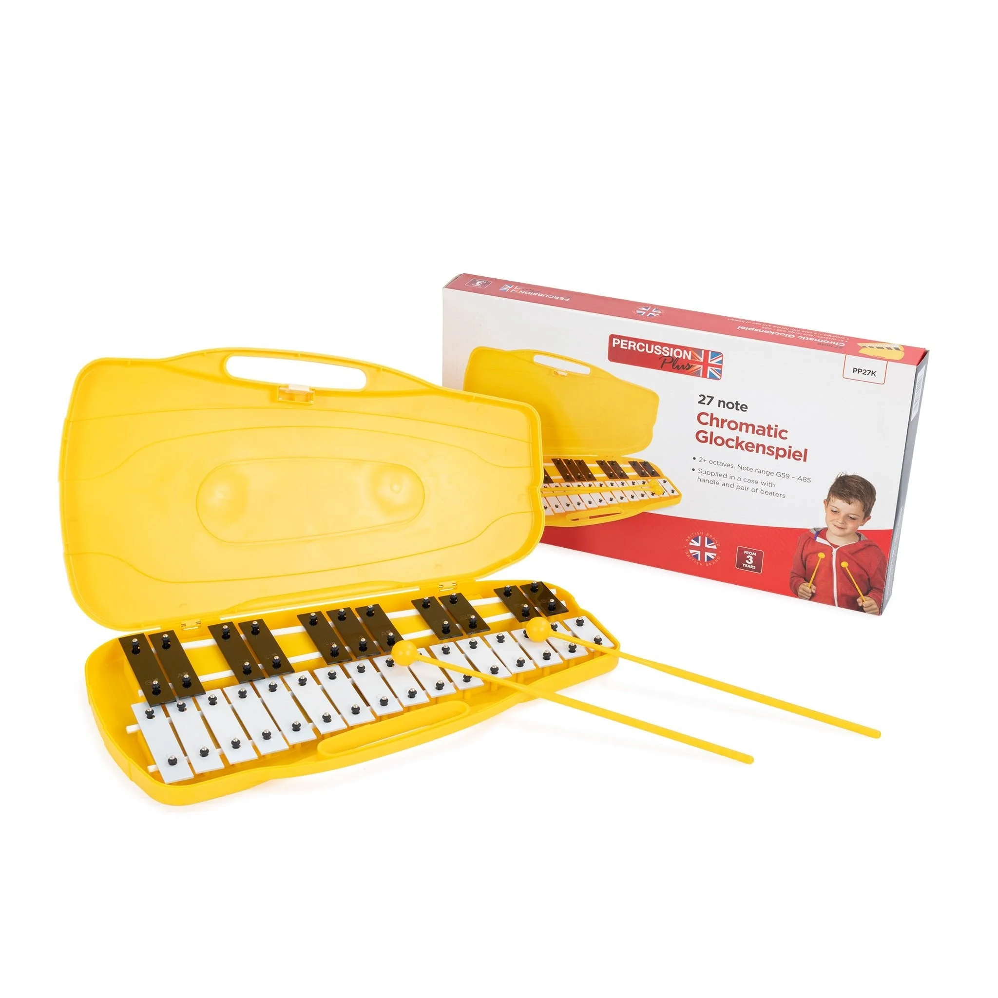 Percussion Plus 27 note chromatic glockenspiel in yellow carry case with beaters