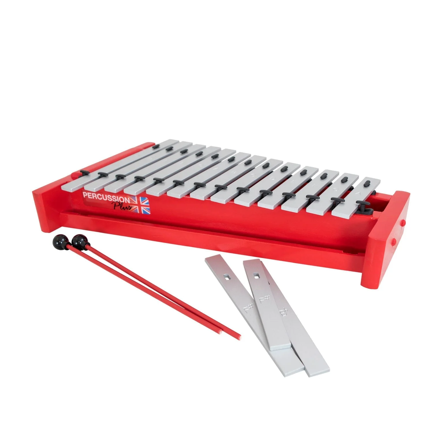 Percussion Plus Red Box alto diatonic glockenspiel with red wooden base, beaters and extra note bars