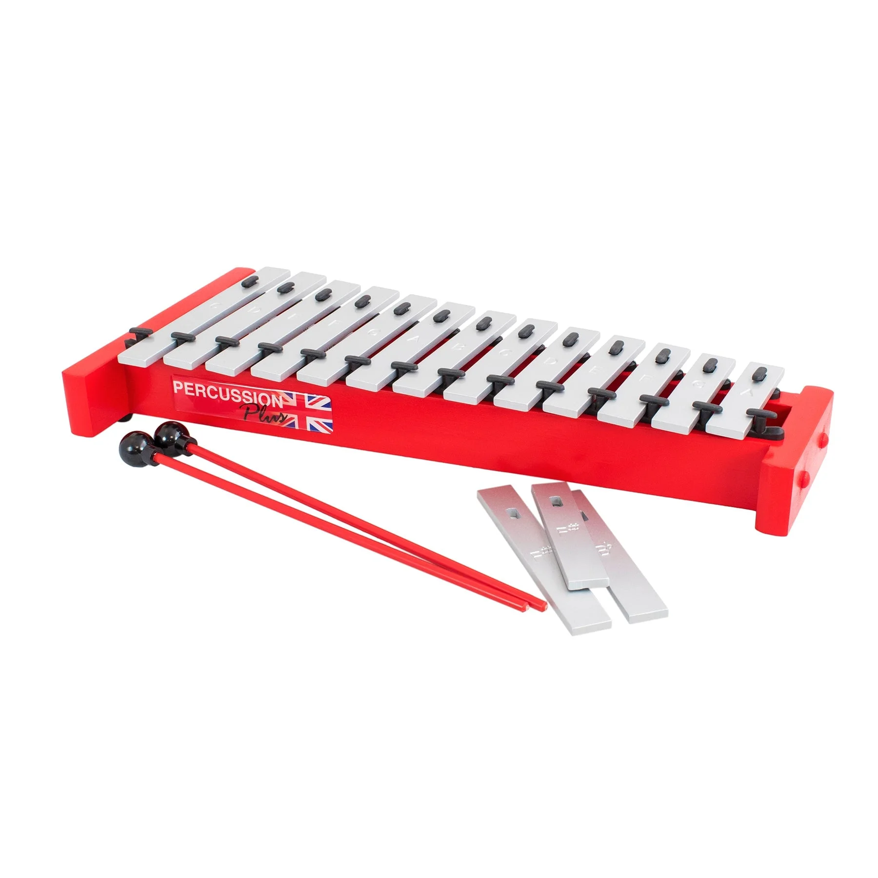 Percussion Plus Red Box soprano diatonic glockenspiel with red wooden base, beaters and extra note bars
