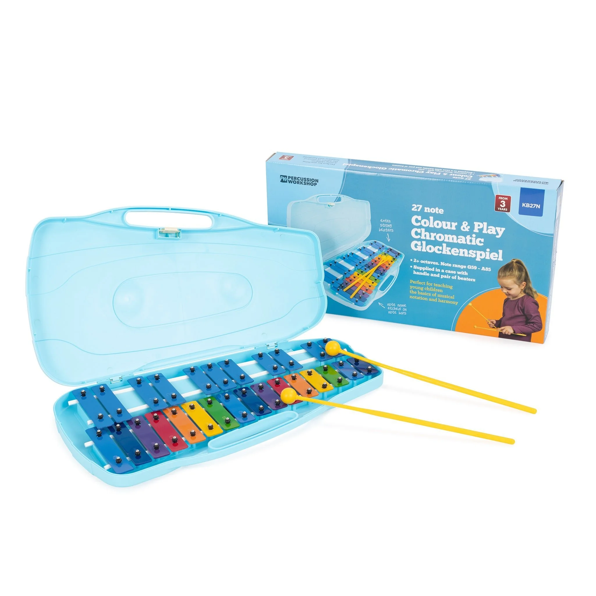 Percussion Workshop 27 colour chromatic glockenspiel with Case in blue carry case with yellow beaters