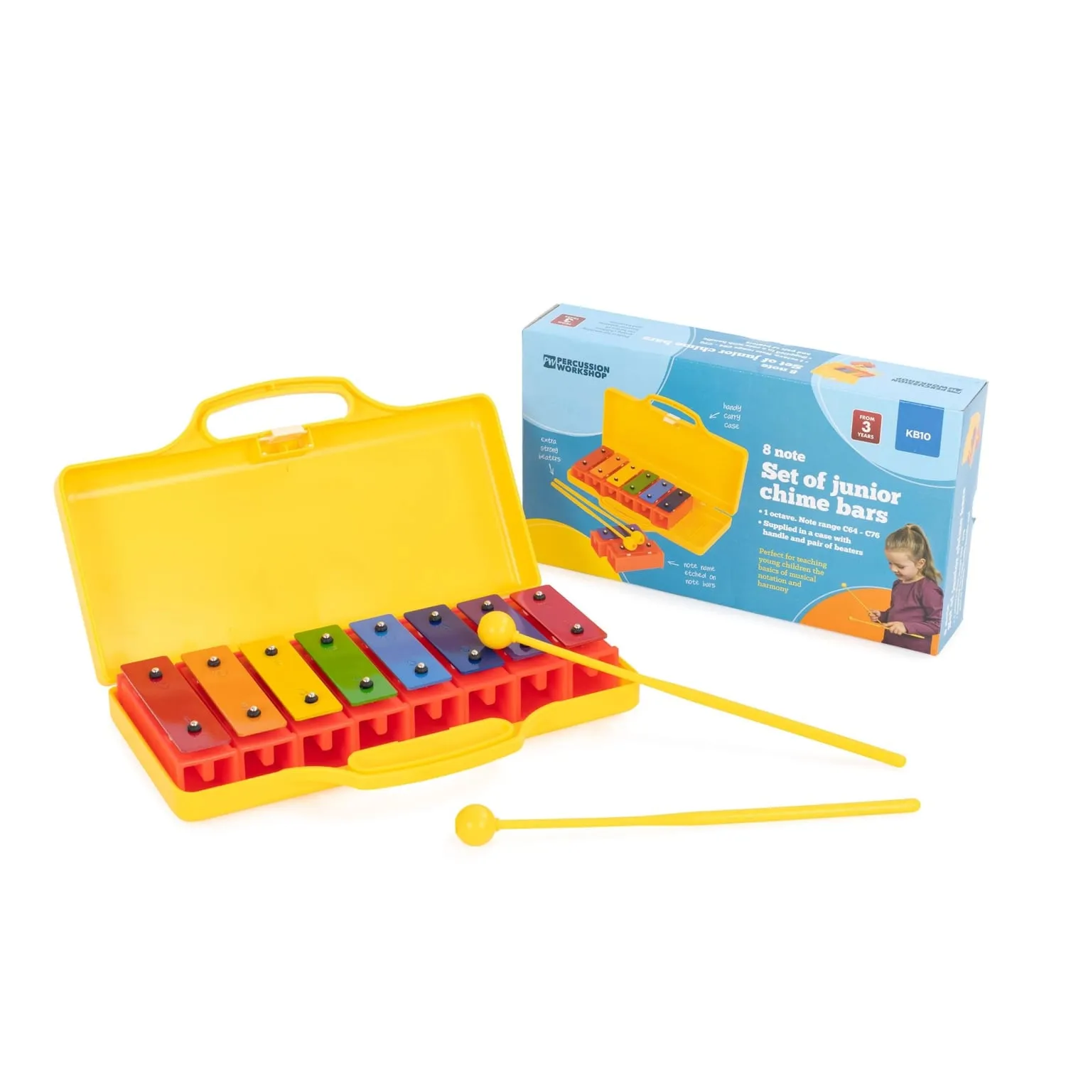 Percussion Workshop KB10 Chime Bars in yellow carry case, 8 colour-coded metal bars with two yellow beaters