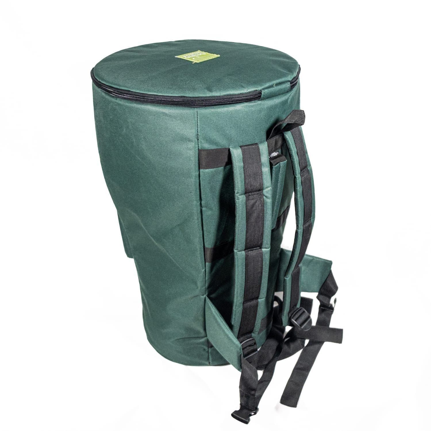 14 inch premium djembe bag in green padded nylon with adjustable shoulder straps, 65 cm high