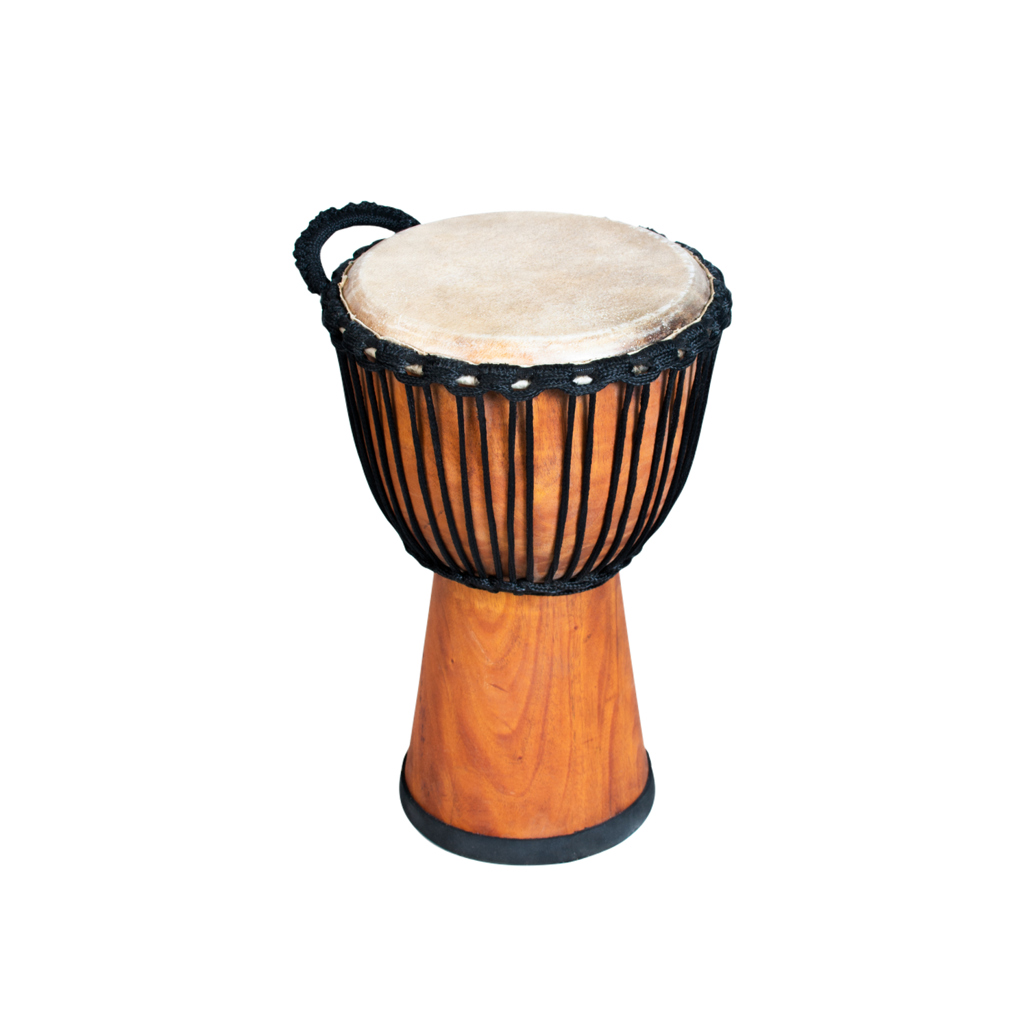 10 inch Pro Wide Top Wooden djembe (40 cm high) in natural wood with rope tuning, goatskin drumhead, carry handle and rubber base.