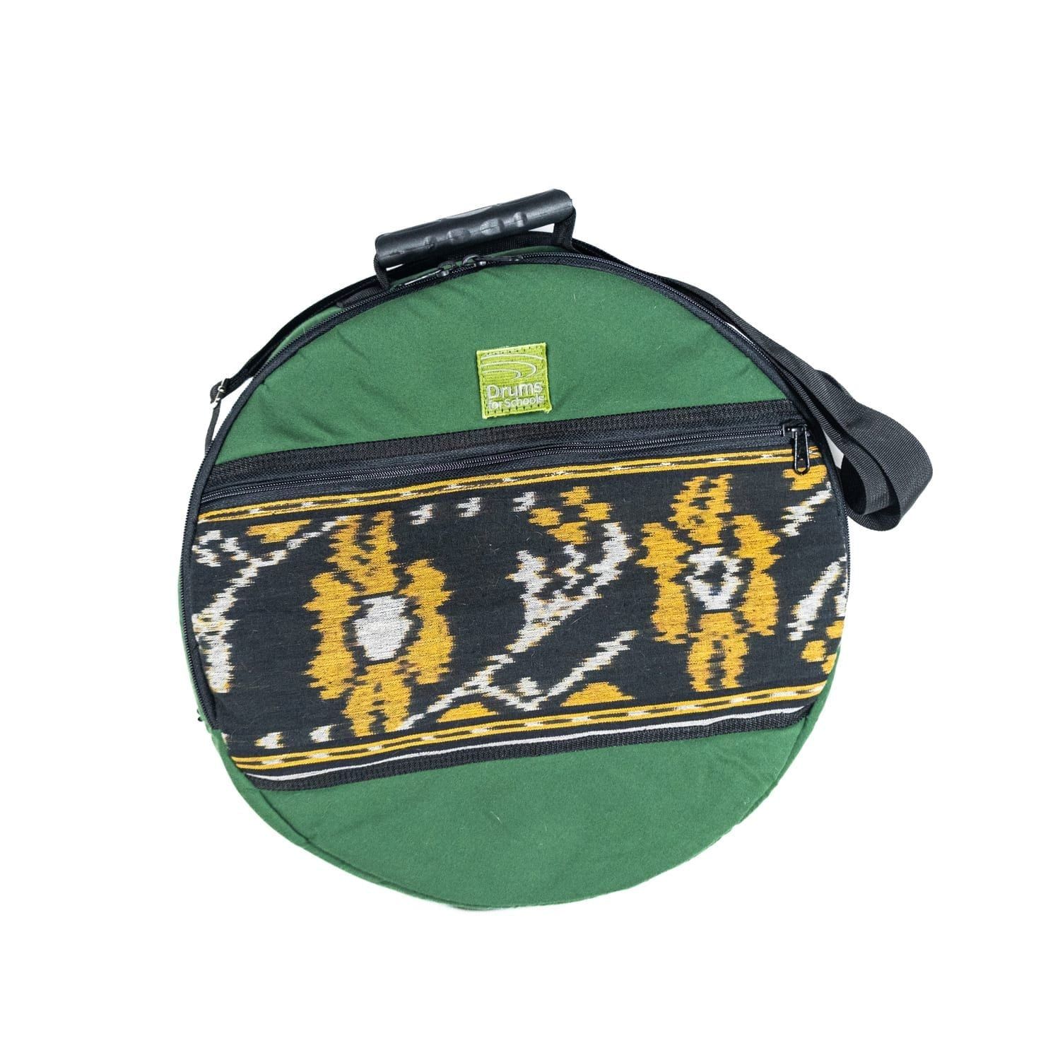 16 inch diameter Shamanic Drum Bag in green with top handle, shoulder strap and front zipped pocket with patterned panel