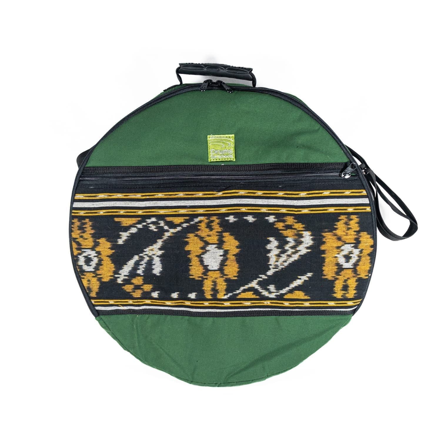 20 inch Shamanic Drum Bag in green with top handle, shoulder strap and front zipped pocket with patterned panel