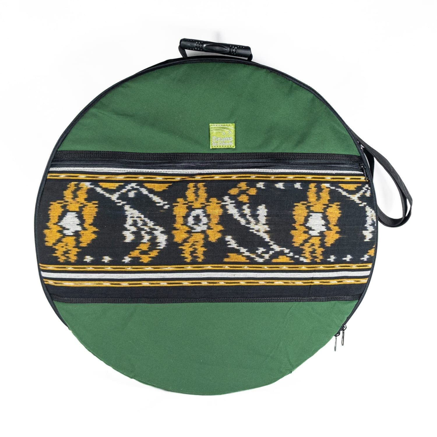 28 inch Shamanic Drum Bag in green with top handle, shoulder strap and front zipped pocket with patterned panel