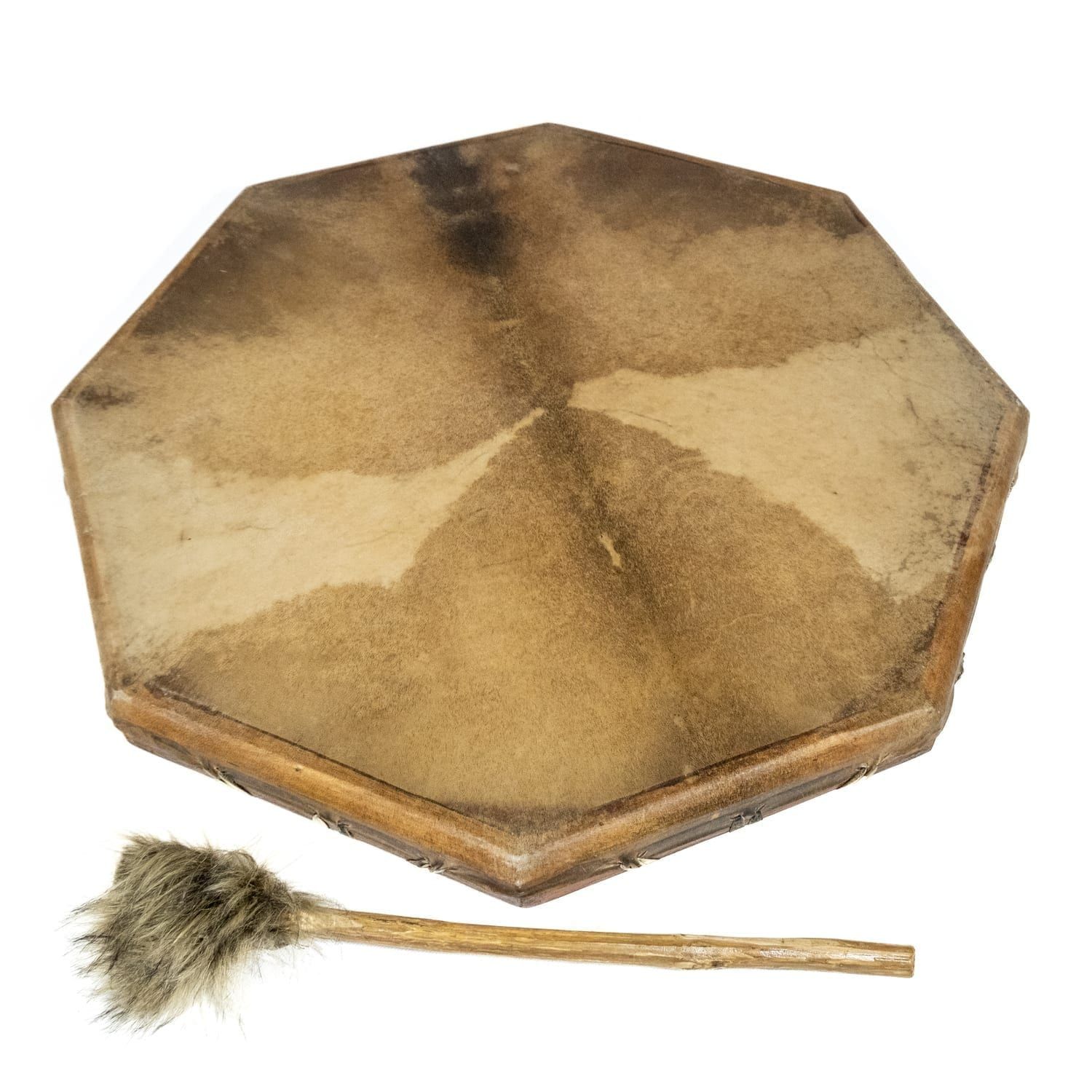 24 inch Natural Shaman Drum, octagonal goatskin head with laced rim, shown with plush beater