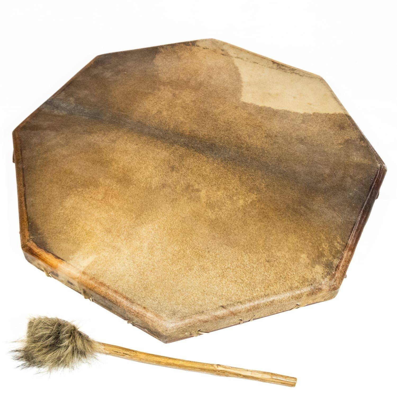 28 inch Natural Shaman Drum, octagonal goatskin head with laced rim, shown with plush beater