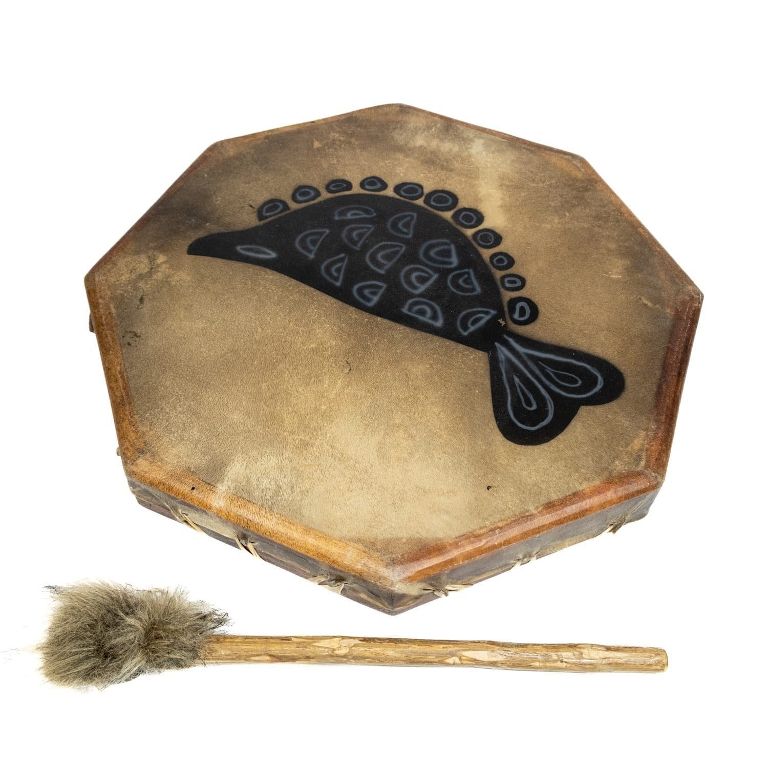 20 inch Painted Shaman Drum, octagonal goatskin with black shadow fish design, shown with plush beater