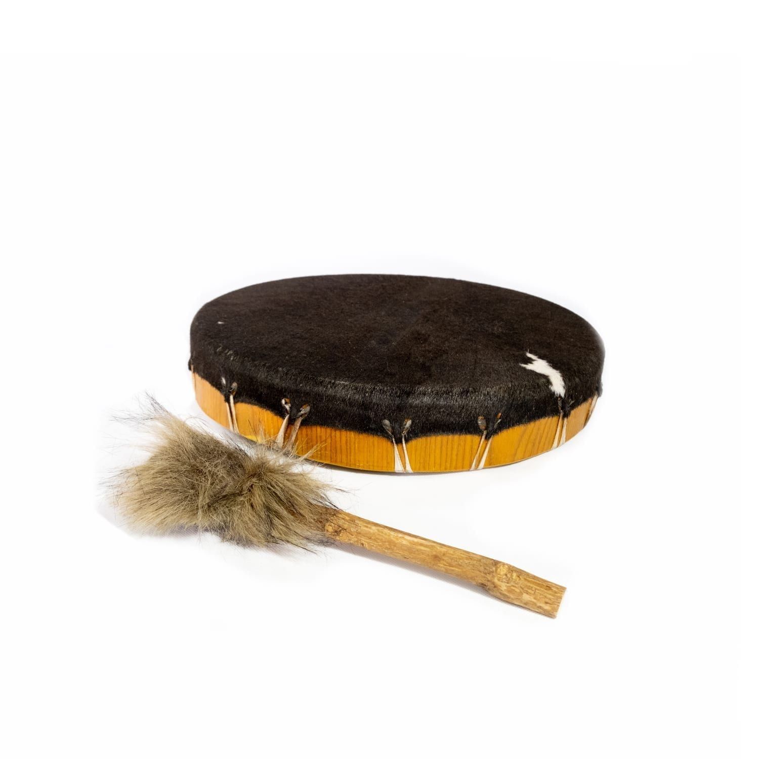 14 inch Shaman Drum, black hairy goatskin head on wooden rim with lacing, shown with plush beater