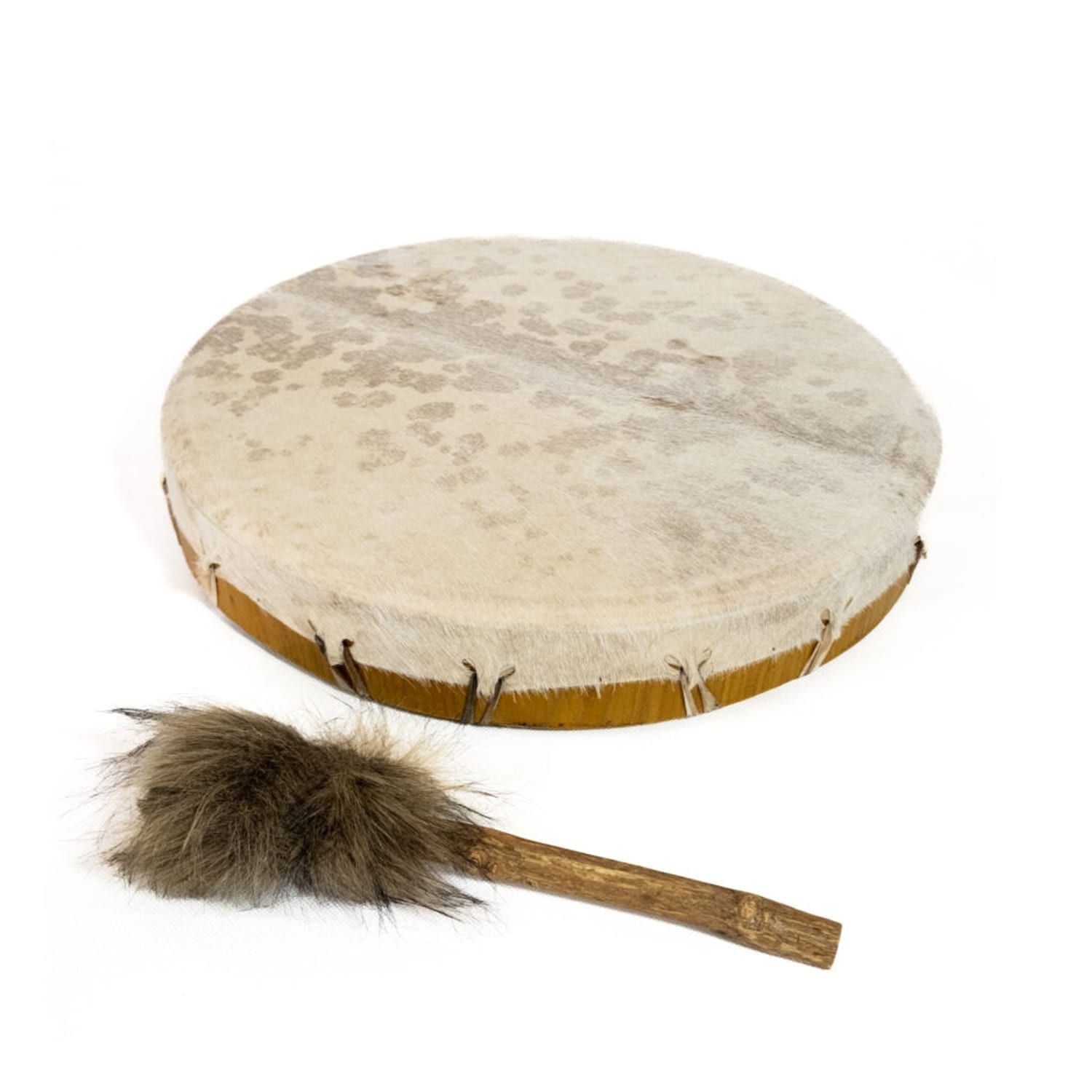 16 inch round hair Shaman Drum with natural goat skin head and soft fur beater, 40 cm diameter