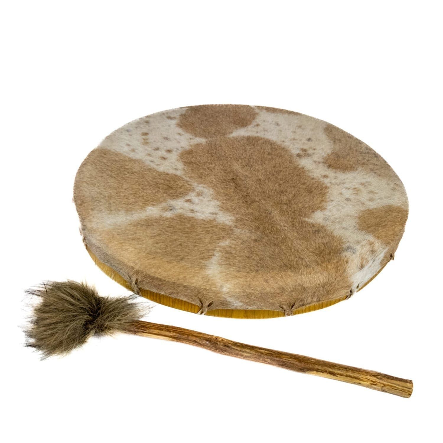 20 inch round hair shaman drum, round hairy goatskin head on wooden frame, shown with plush beater