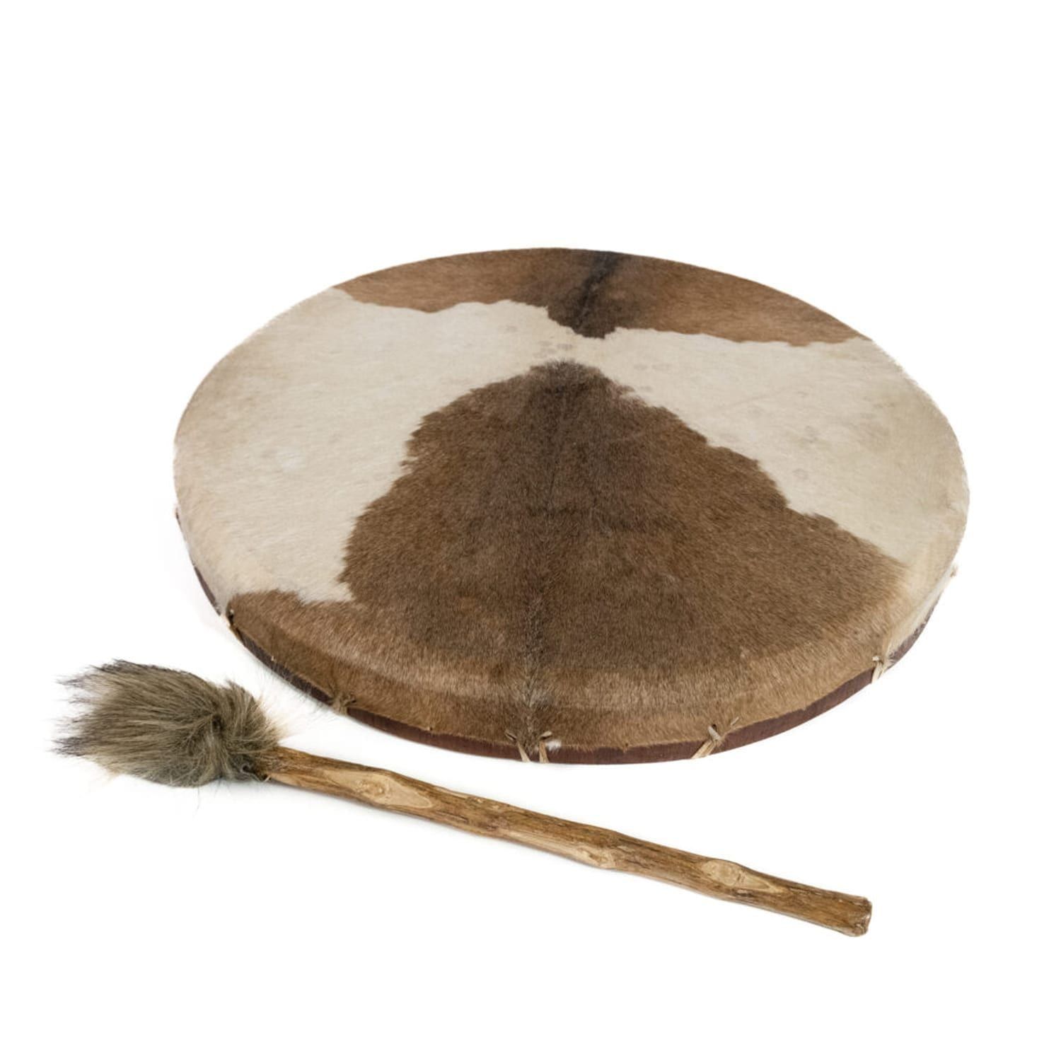 22 inch Round Hair Shaman Drum, round hairy goatskin head with two-tone pattern, shown with plush beater
