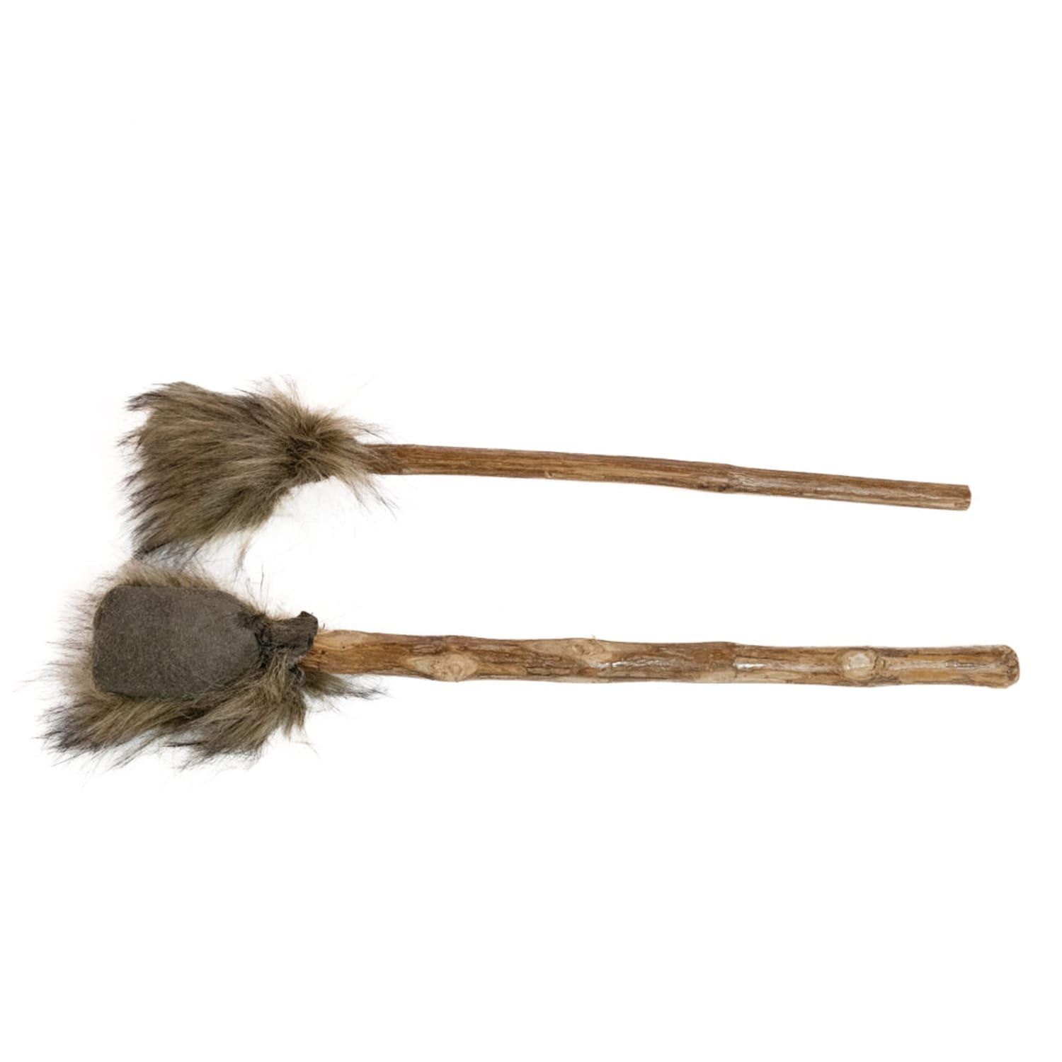 Pair of Shaman Drum Beater sticks with double-sided heads—suede and plush synthetic fur on rustic wooden handles
