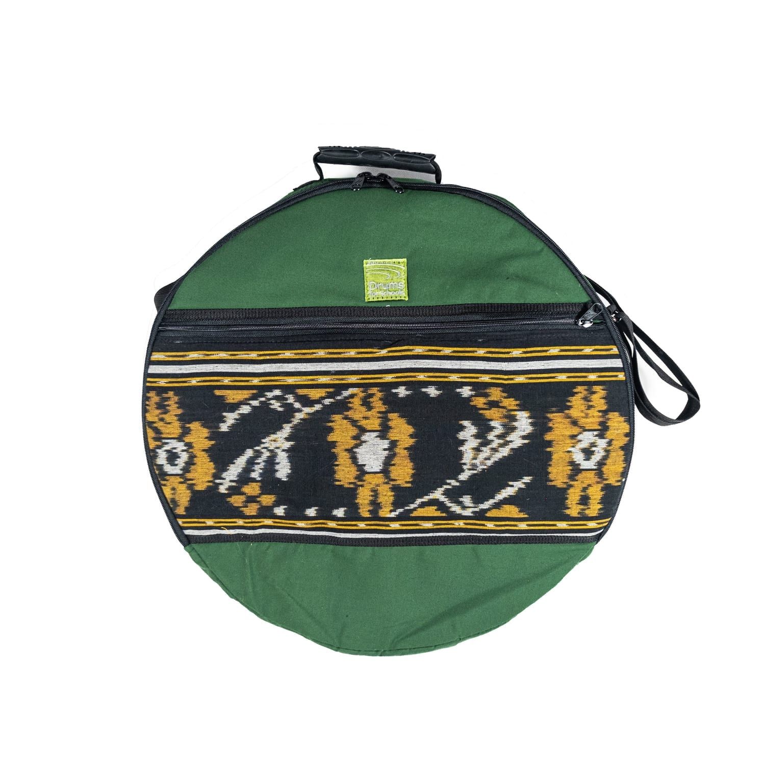 18 inch Shamanic Drum Bag, round green case with patterned front zip pocket, top handle and shoulder strap