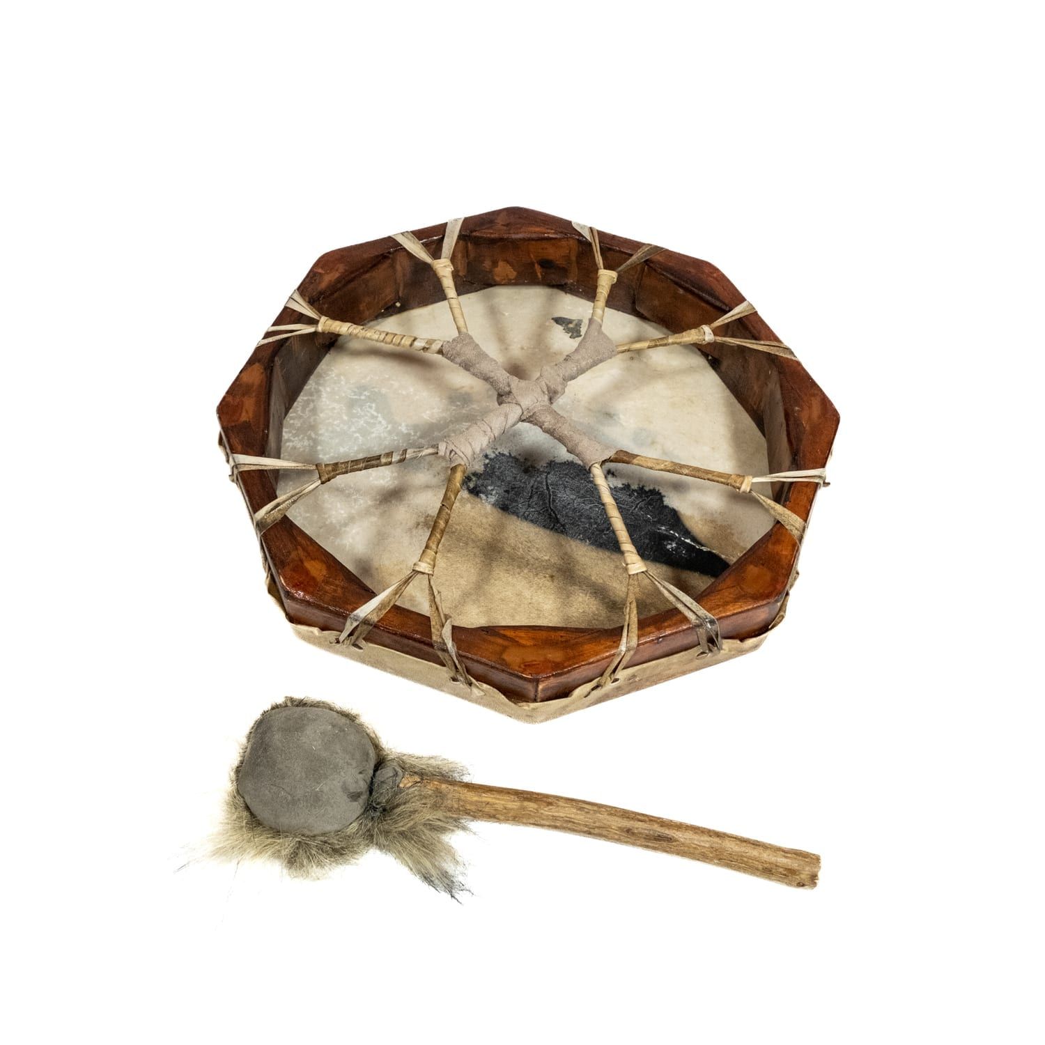 Photo of Drums for Schools Shaman Drum – 12in (30cm) diameter (OW-shdrpa30), painted, and its double-sided beater, back side. This octagonal frame drum has a variety of beautiful African animal designs painted on the goatskin playing surface.