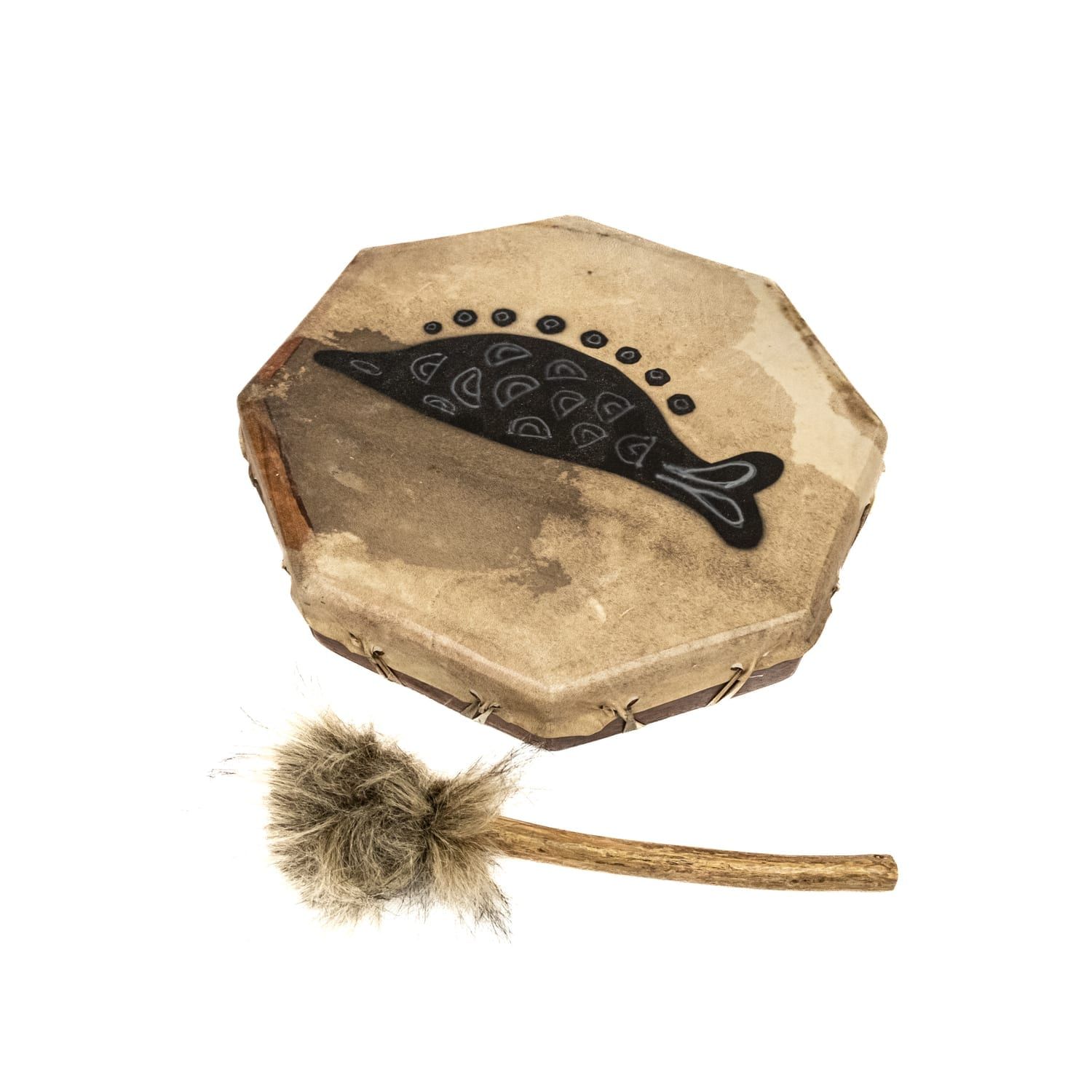 12 inch Painted Shaman Drum, octagonal goatskin with black shadow fish design, shown with plush beater