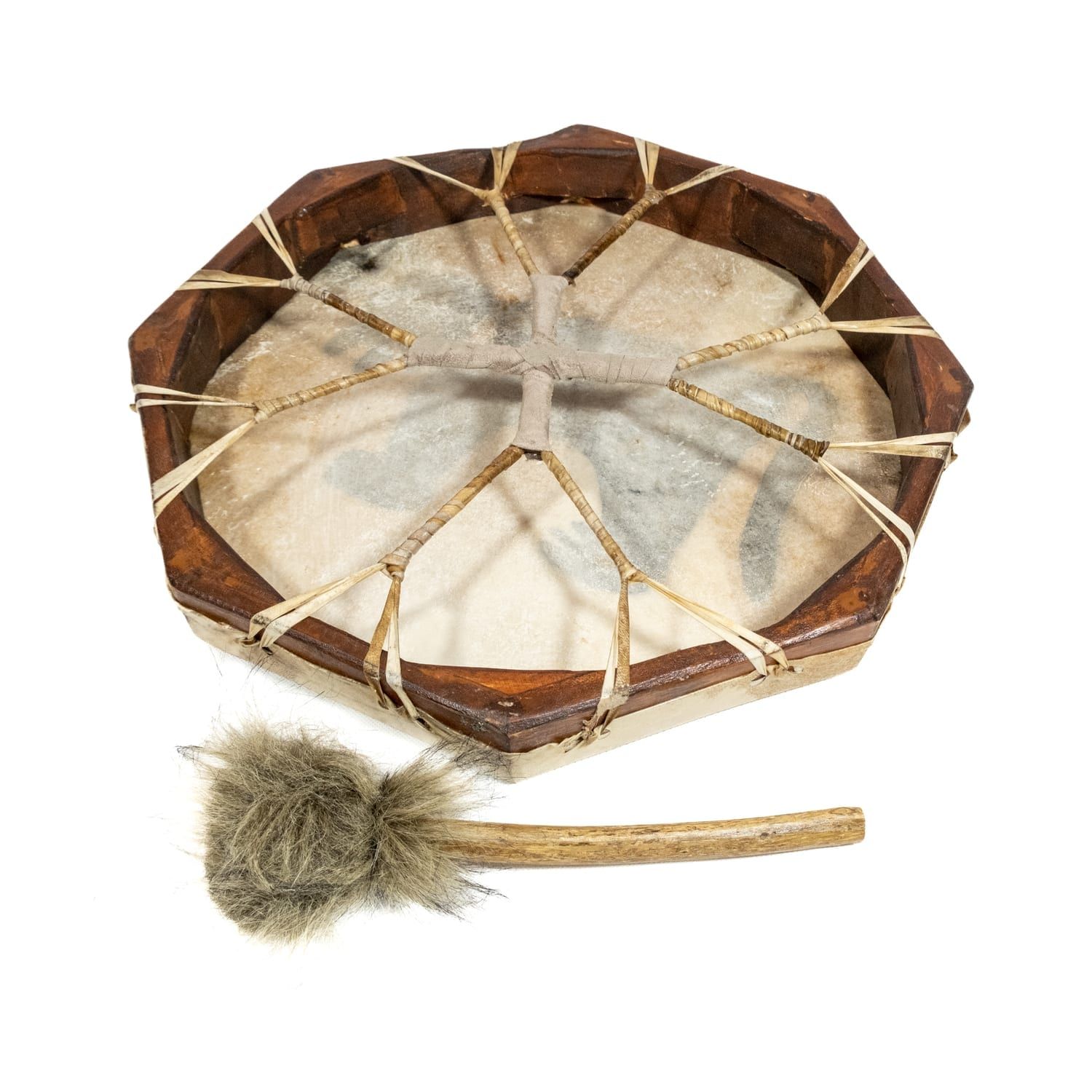 Photo of Drums for Schools Shaman Drum – 16in (40cm) diameter (OW-shdrpa40), painted, and its double-sided beater. back side. This octagonal frame drum has a variety of beautiful African animal designs painted on the goatskin playing surface.