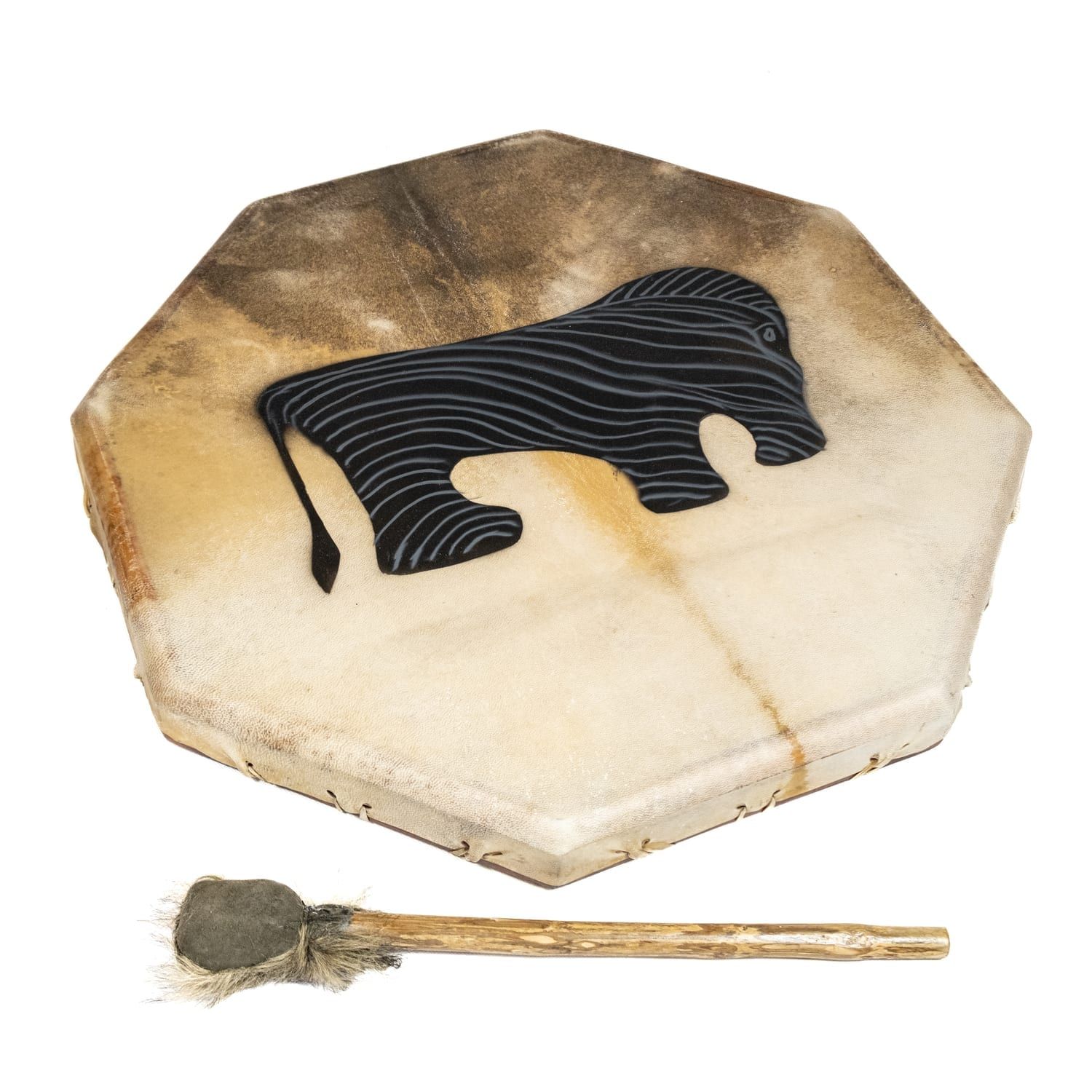 24 inch Painted Shaman Drum, octagonal goatskin with black shadow animal design, shown with plush beater