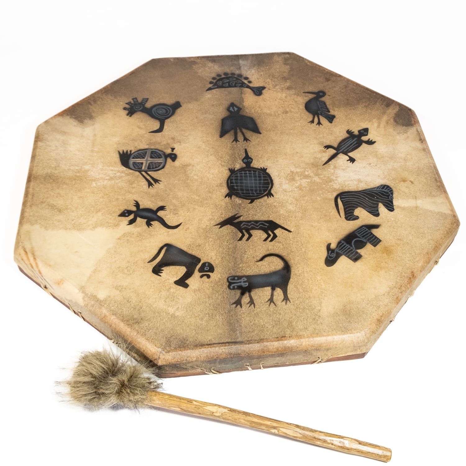 28 inch Painted Shaman Drum, octagonal goatskin with black shadow animal motifs, shown with plush beater