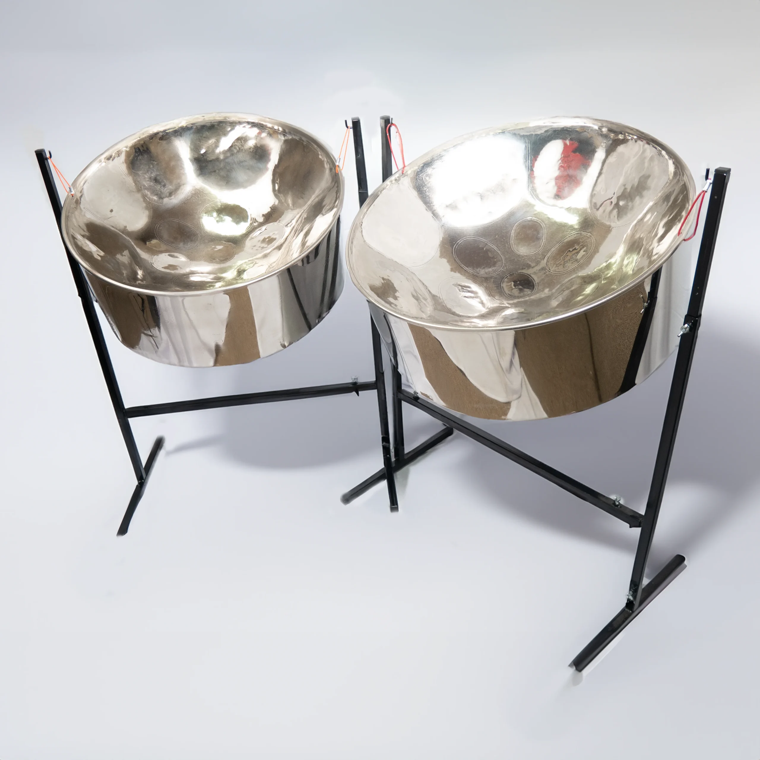 Trinipans chrome double second steel pans 23", chrome pair on adjustable stands with rubber-tipped mallets
