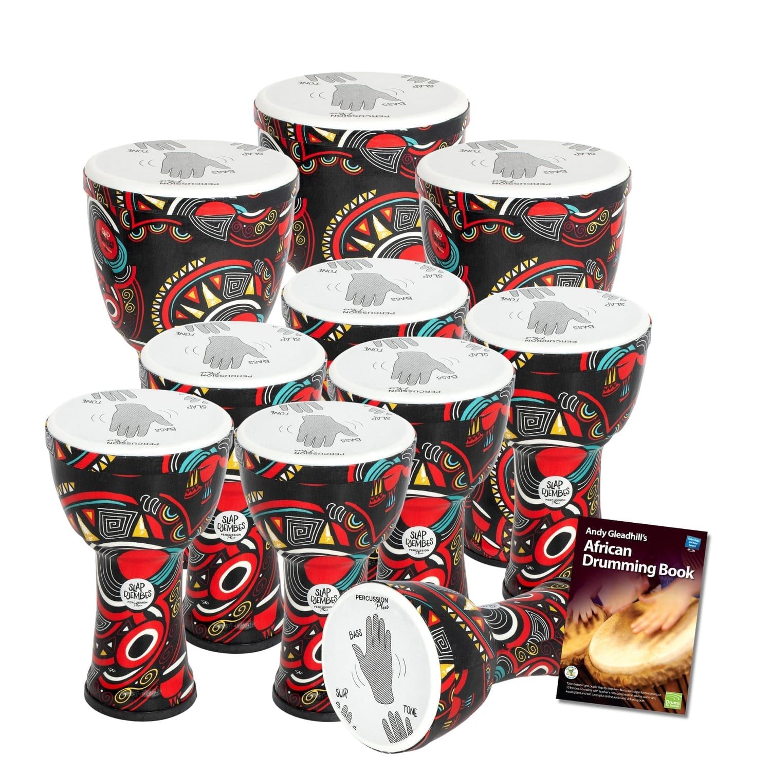 10 Secondary Pre tuned Slap Djembe Drum Pack with printed hand-position guides on heads and African Drumming Book 1